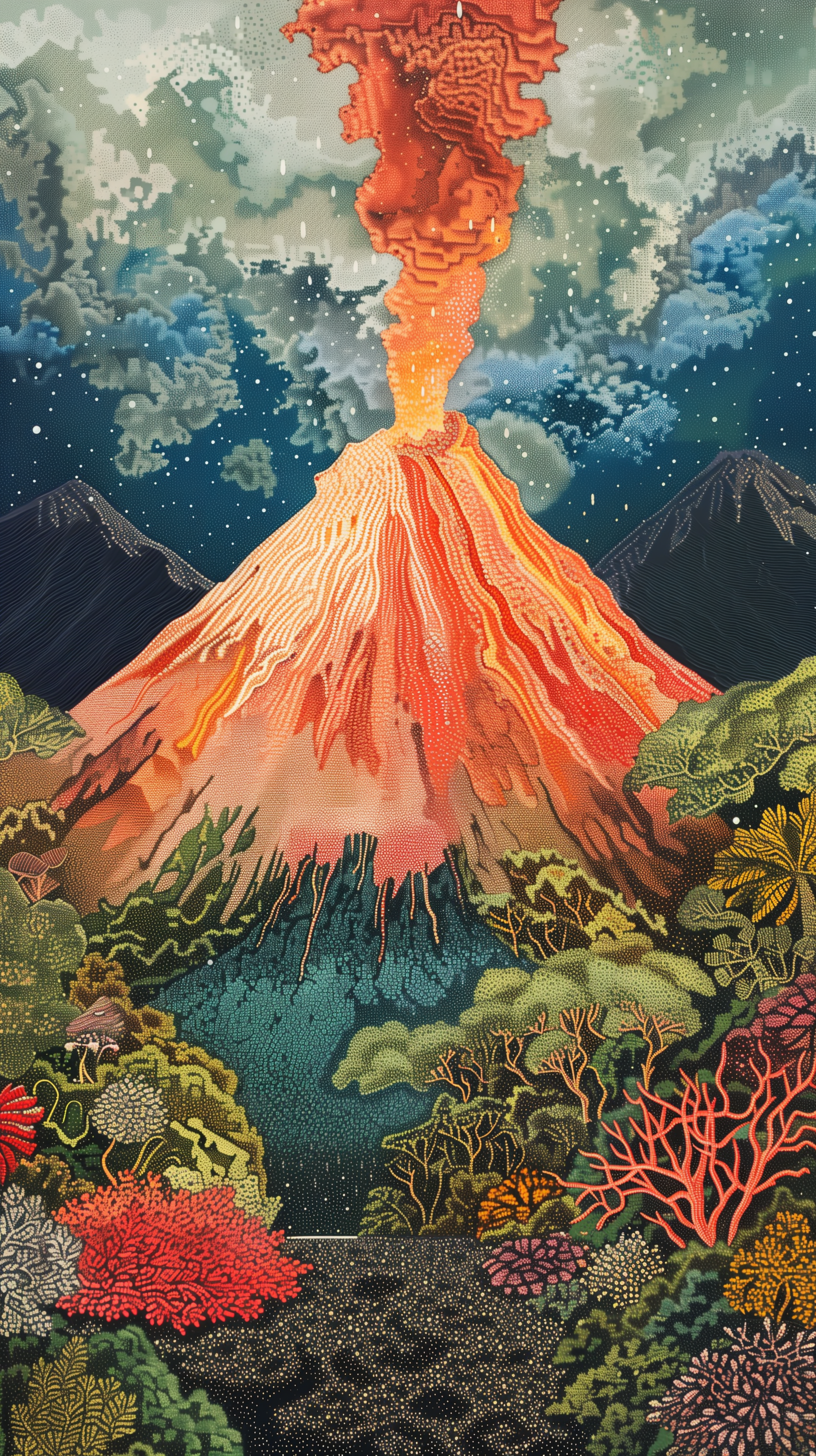 A vibrant phone wallpaper featuring an erupting volcano, surrounded by lush vegetation and dark mountain silhouettes, under a starry sky with swirling clouds.