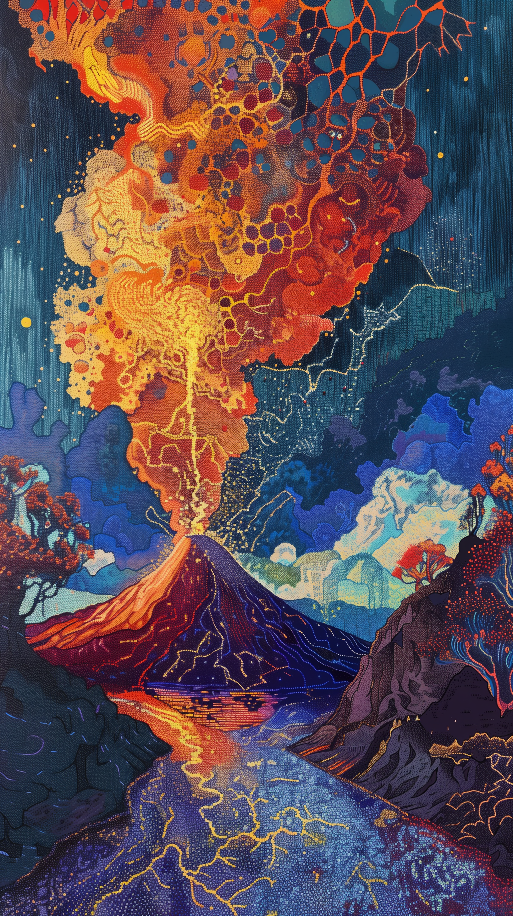 Vibrant illustrated volcano eruption wallpaper for phones.