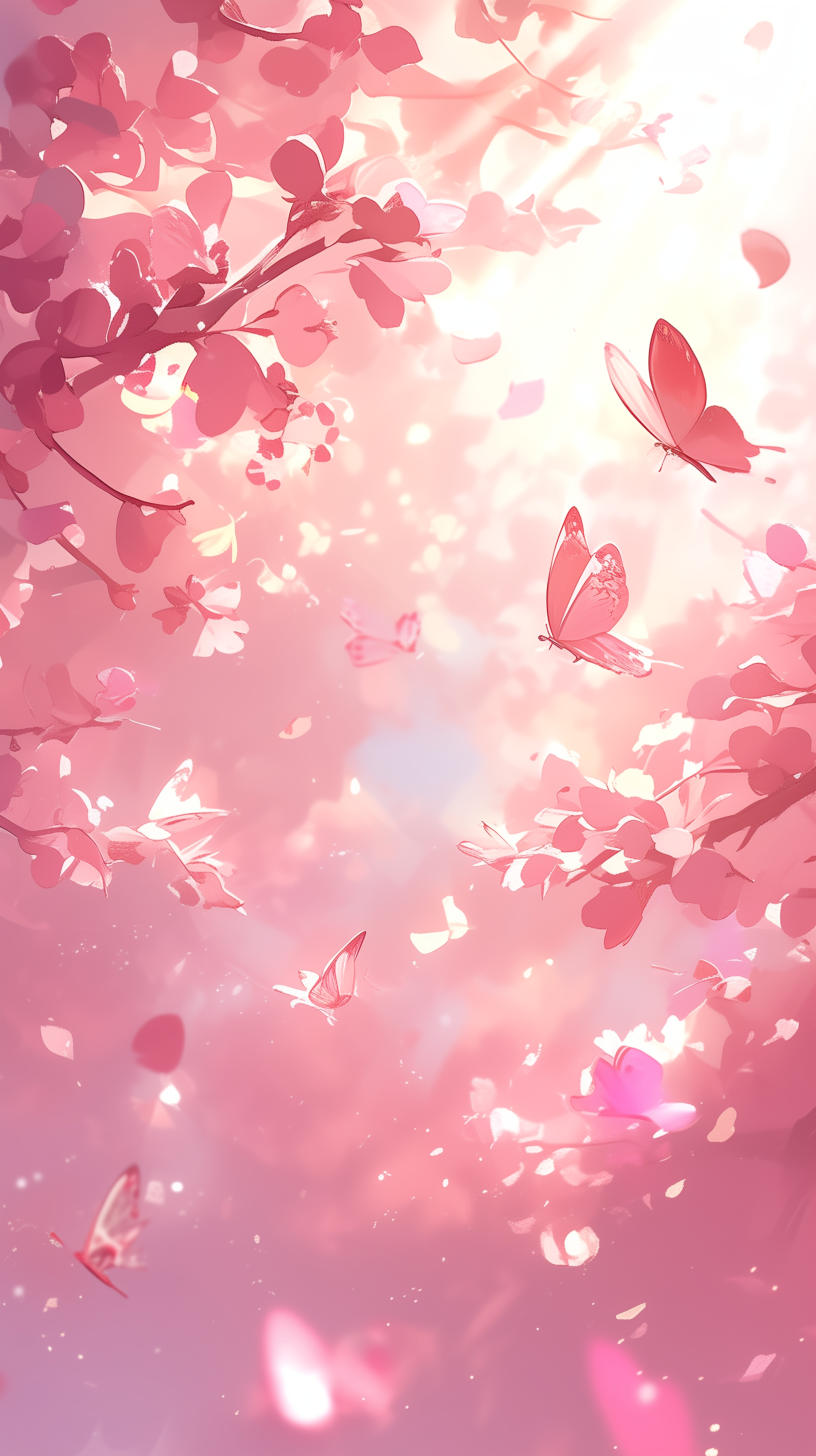 Dreamy pink aesthetic phone wallpaper featuring delicate cherry blossoms and butterflies with a soft, bokeh light effect.