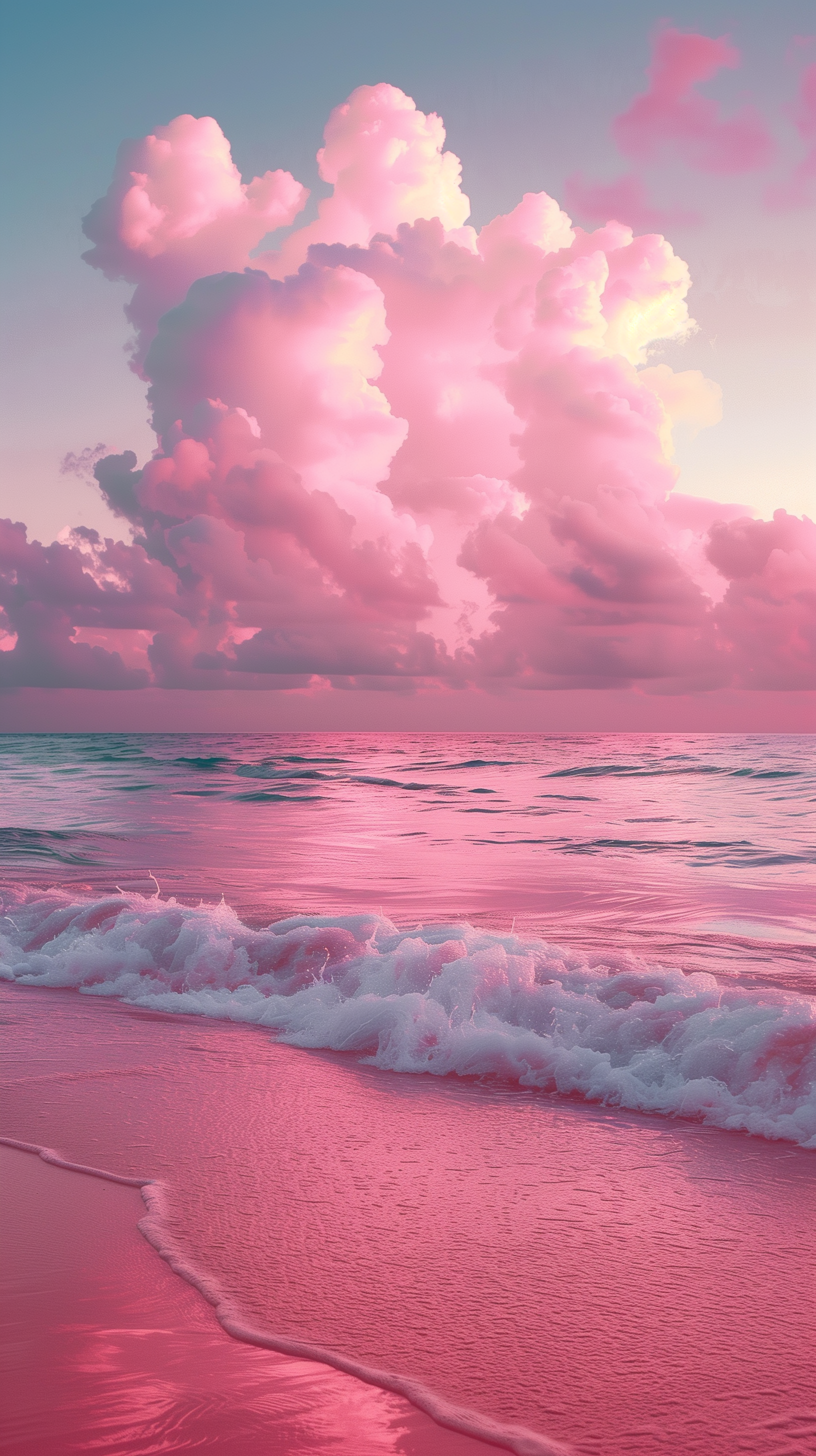 A stunning pink aesthetic beach scene, showcasing soft clouds and gentle waves reflecting shades of pink. This beautiful imagery makes for an enchanting phone wallpaper.