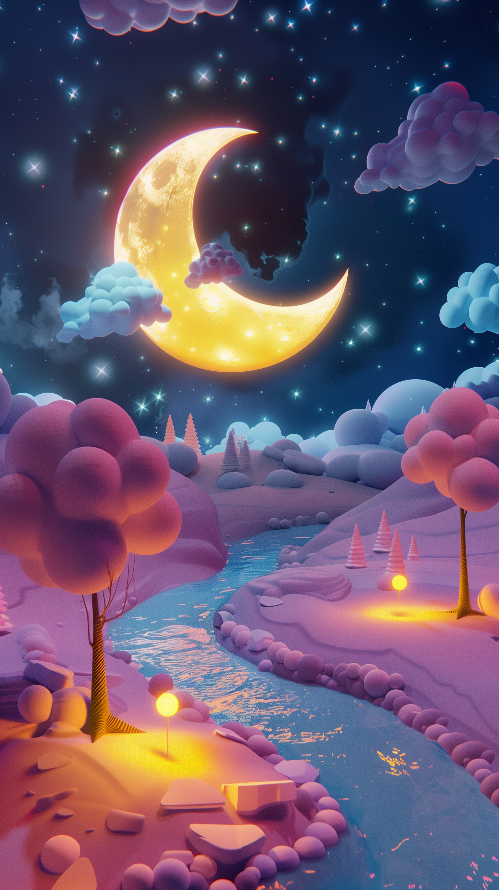 Fantasy moonlit landscape with glowing trees and river for phone wallpaper