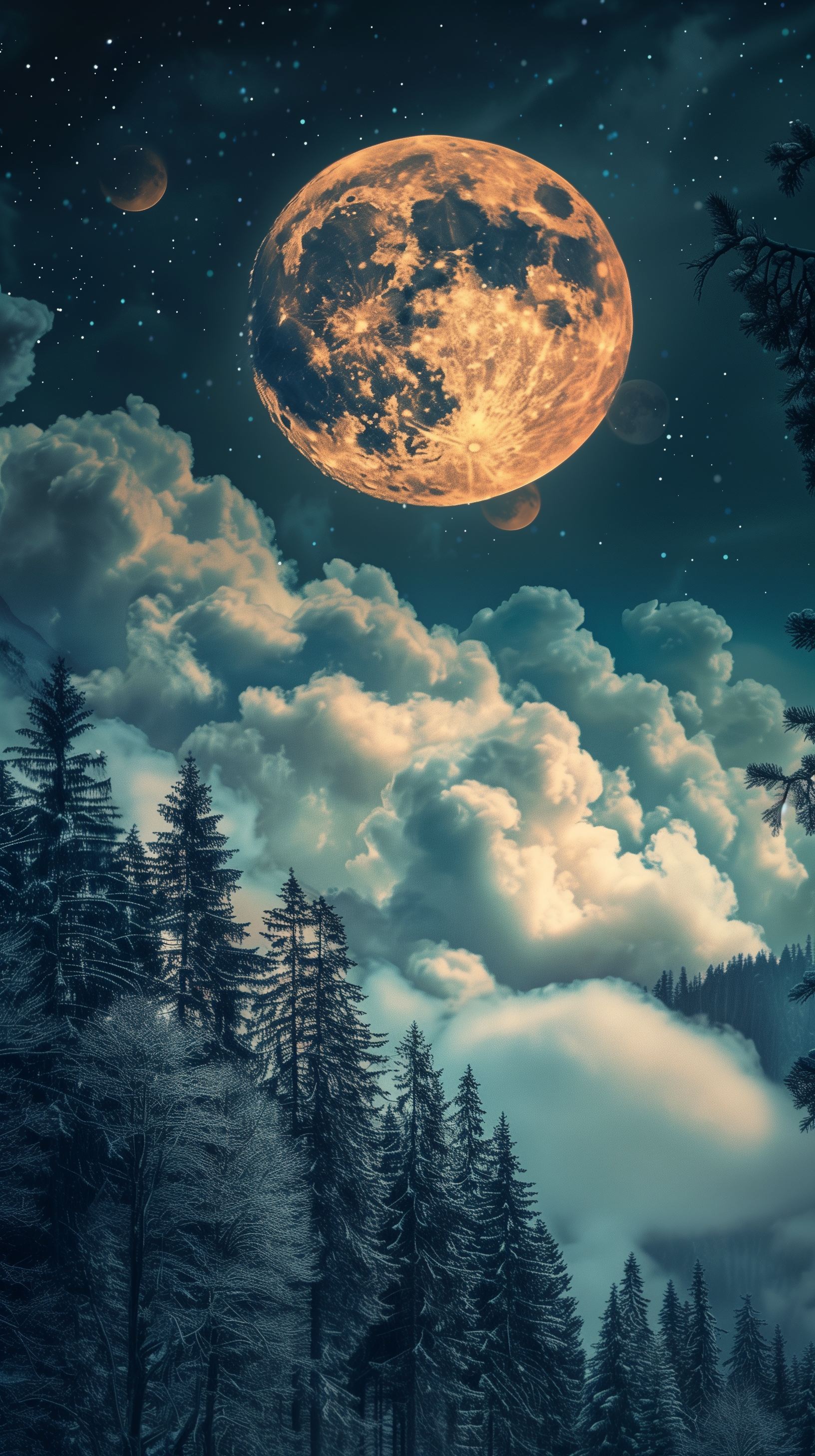 Enchanting phone wallpaper depicting a vivid full moon over a serene pine forest under a starlit sky.