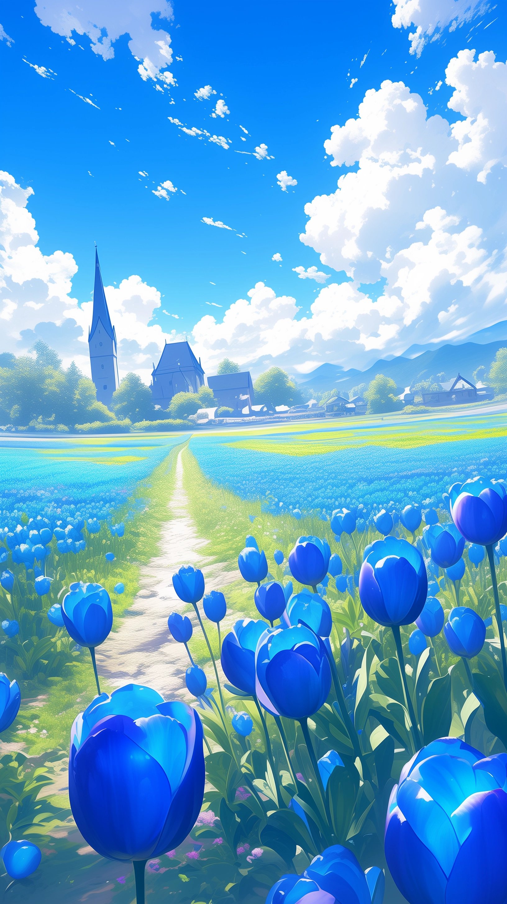 A serene landscape featuring vibrant blue flowers sprawling across a field, framed by a clear sky and distant mountains, creating an uplifting phone wallpaper.