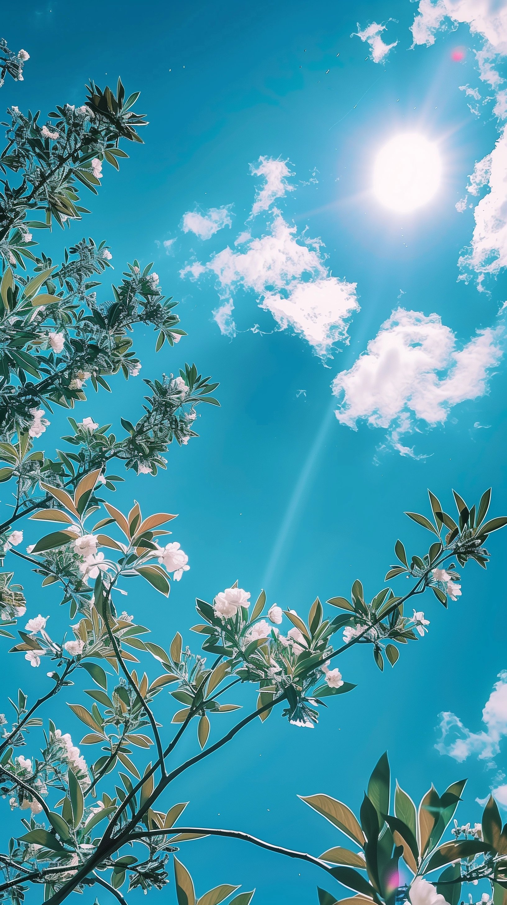 Blue sky and white flowers phone wallpaper with sun rays piercing through clouds