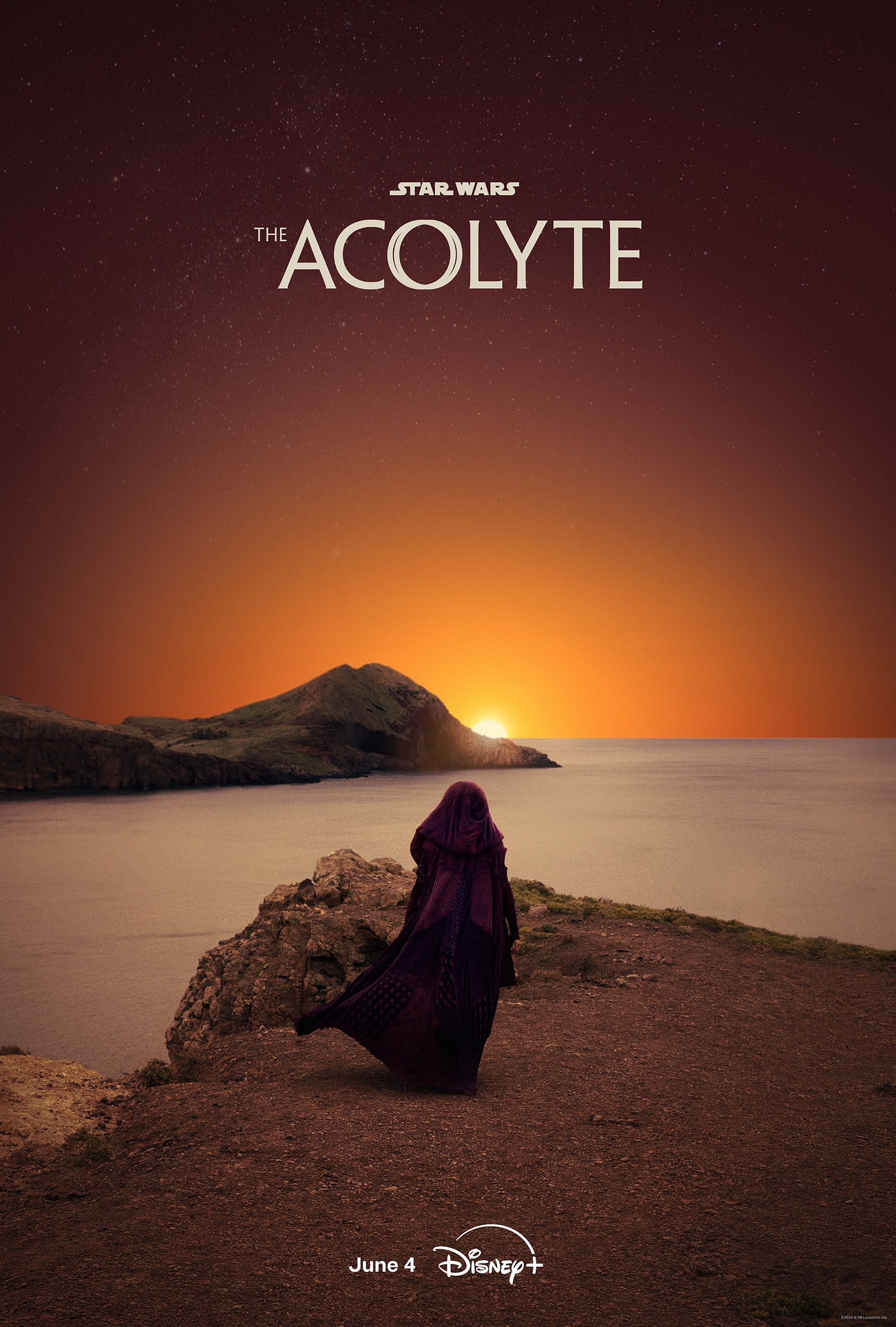 The Acolyte TV show poster with cloaked figure overlooking a sunset on a coastal landscape, for a phone wallpaper.