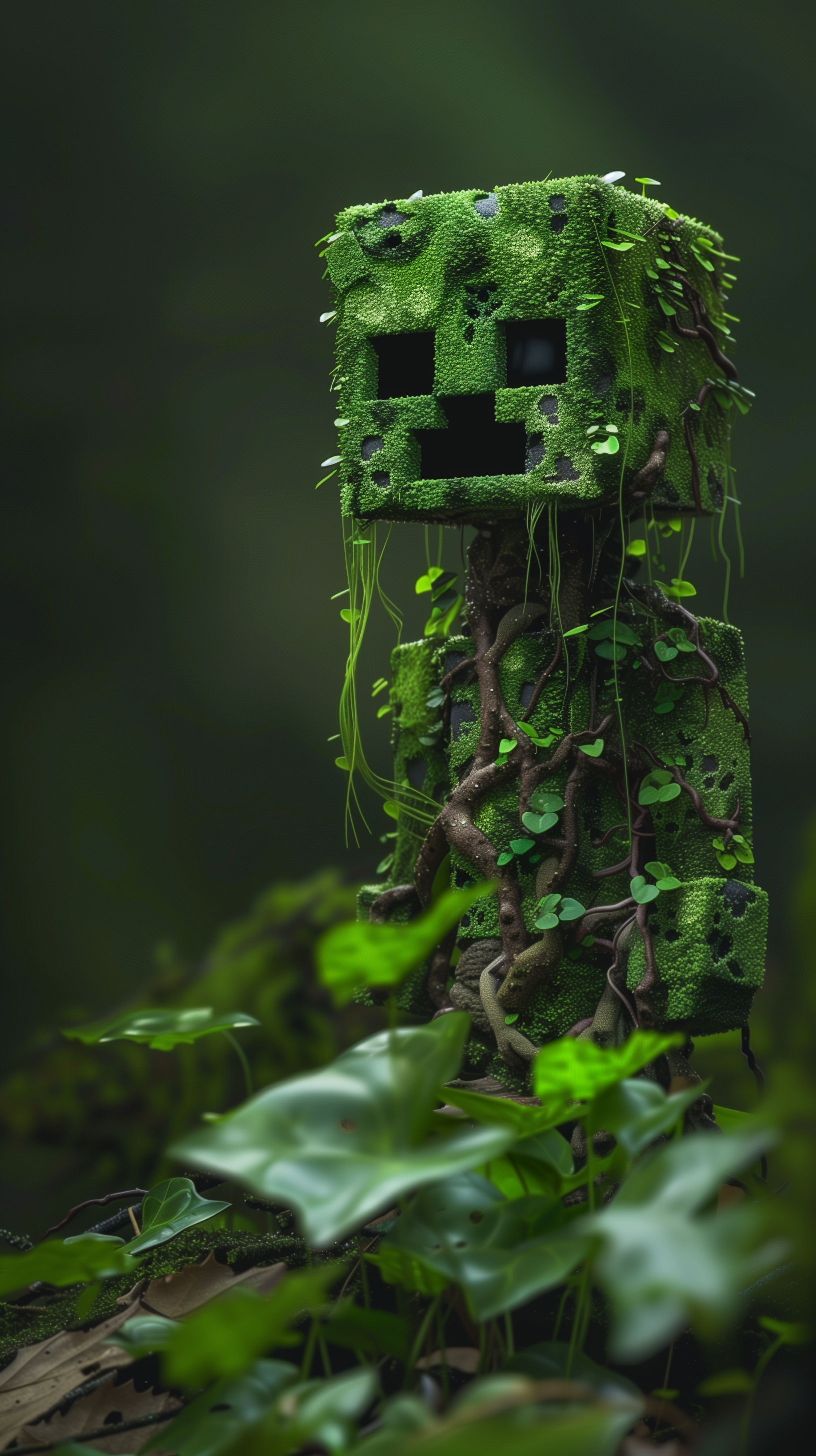 Minecraft Creeper character phone wallpaper with lush, green overgrowth.
