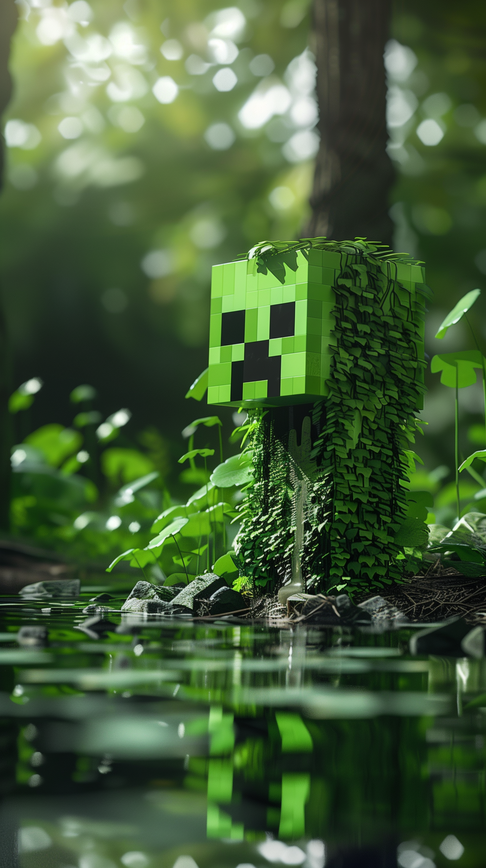 Minecraft Creeper character wallpaper for phones, featuring the iconic green Creeper camouflaged among lush foliage in a serene, forest-themed background.