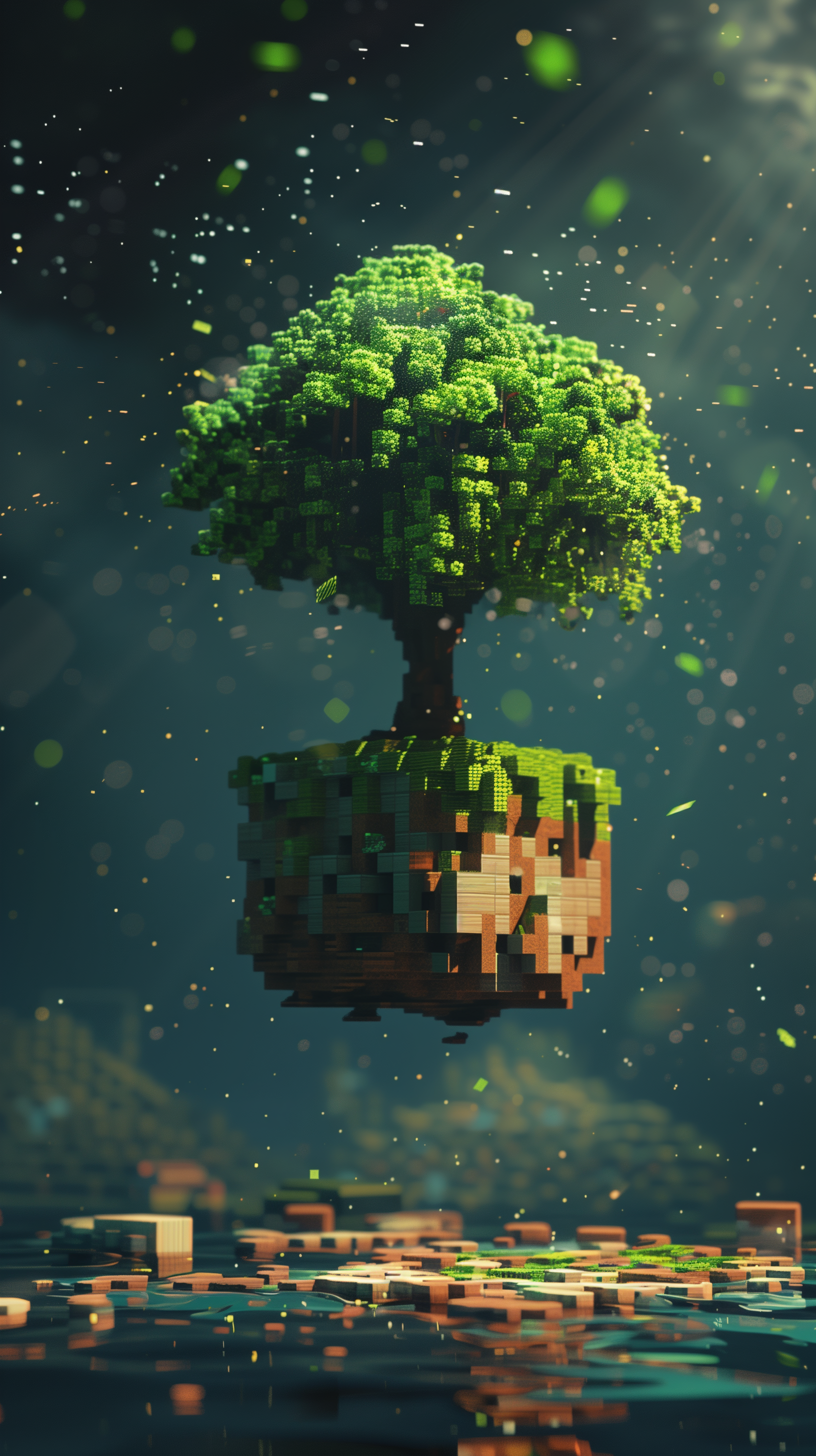 Minecraft-inspired phone wallpaper featuring a floating pixelated tree with a bokeh background.