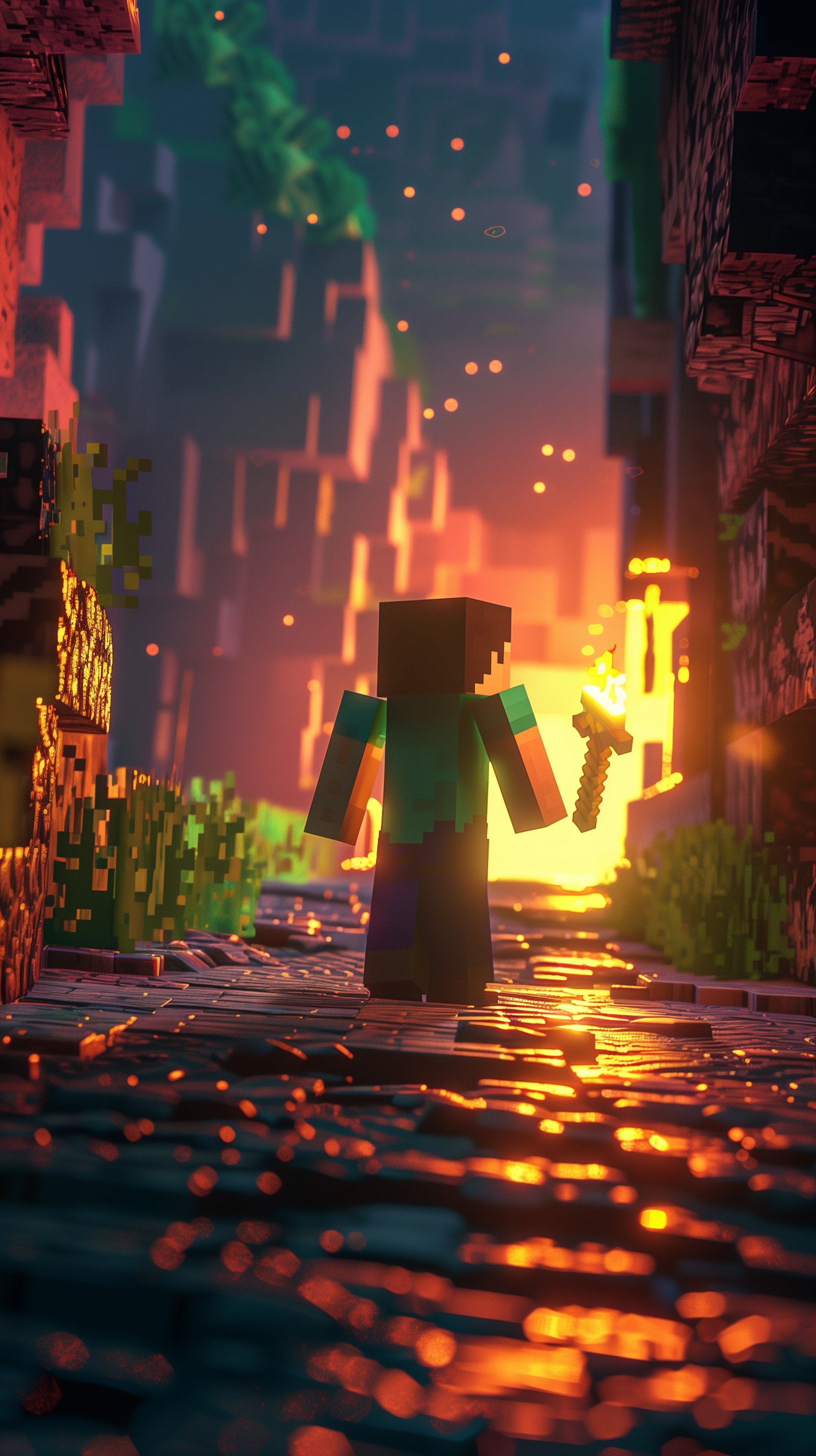 Minecraft character holding a sword on a cobblestone path for a phone wallpaper.