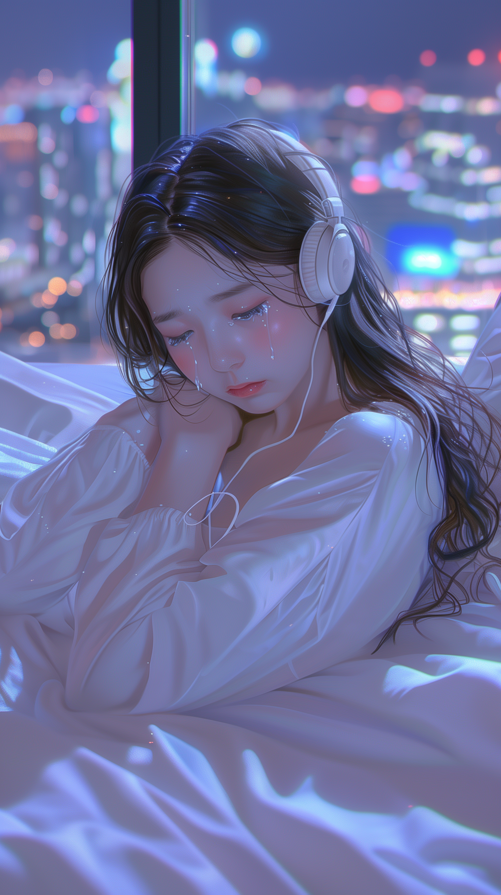 Animated wallpaper of a girl with headphones crying against a city night backdrop for mobile phones.