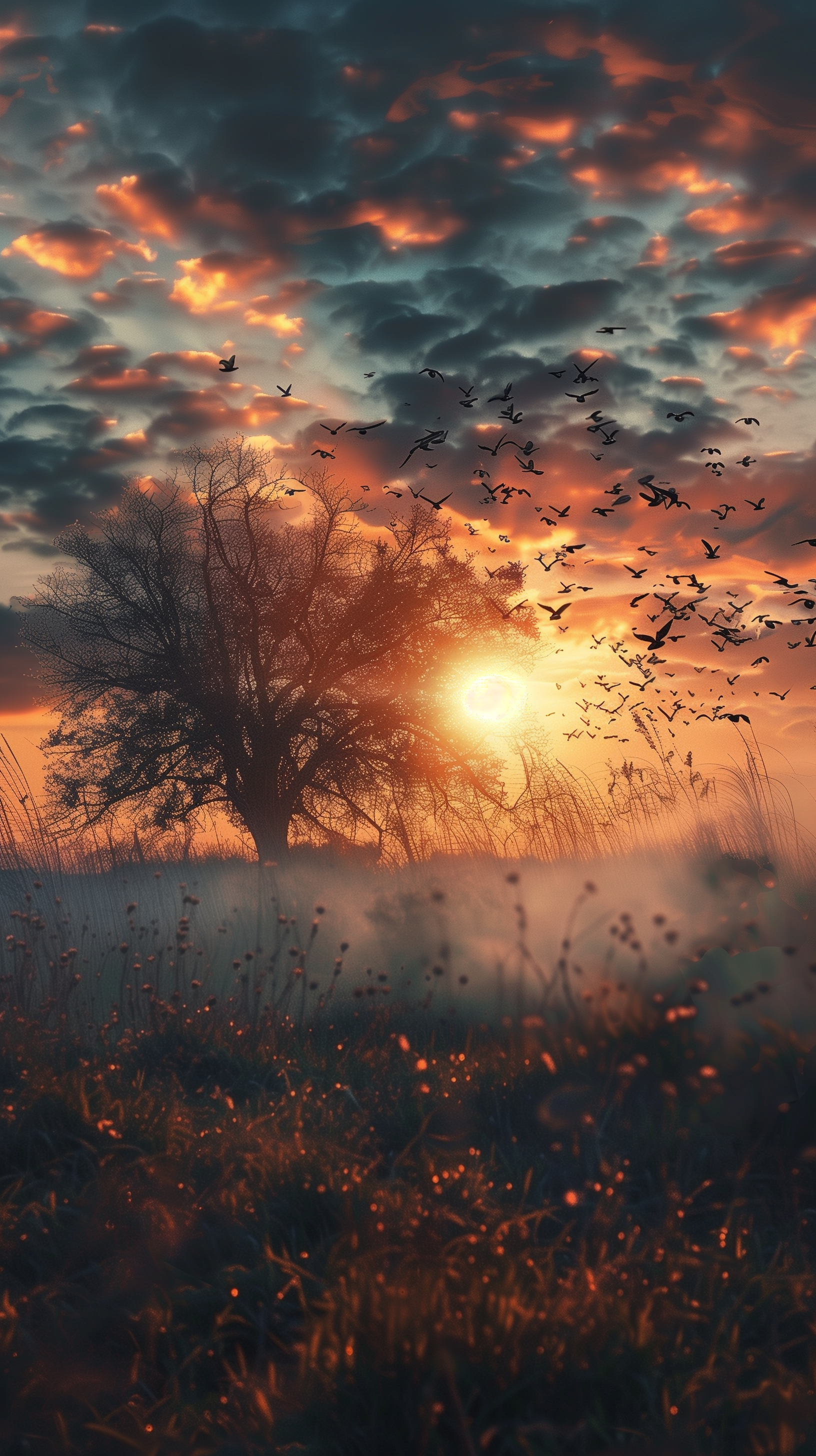 A serene dawn scene featuring a silhouetted tree against a colorful sky, with birds taking flight as the sun rises, creating a tranquil and inspiring phone wallpaper.