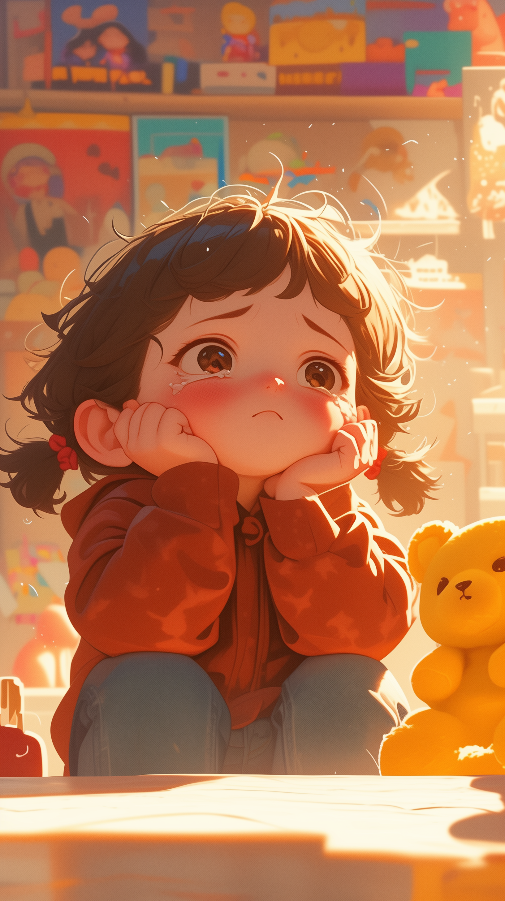 Animated wallpaper of a sad little girl with tears in her eyes, sitting with a teddy bear, radiating emotion and warmth for phone background.