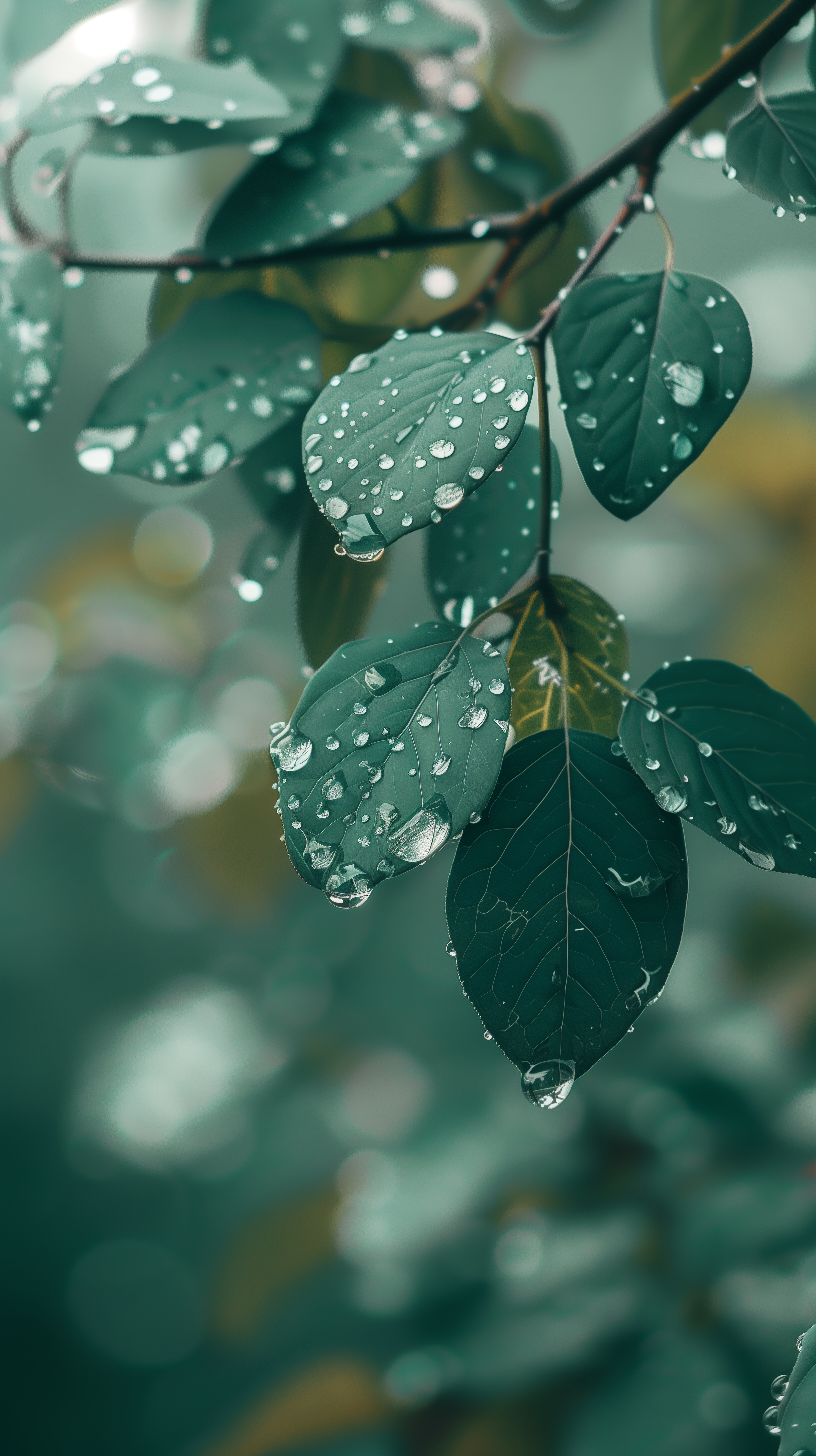 Close-up of fresh green leaves with sparkling raindrops for tranquil phone wallpaper.