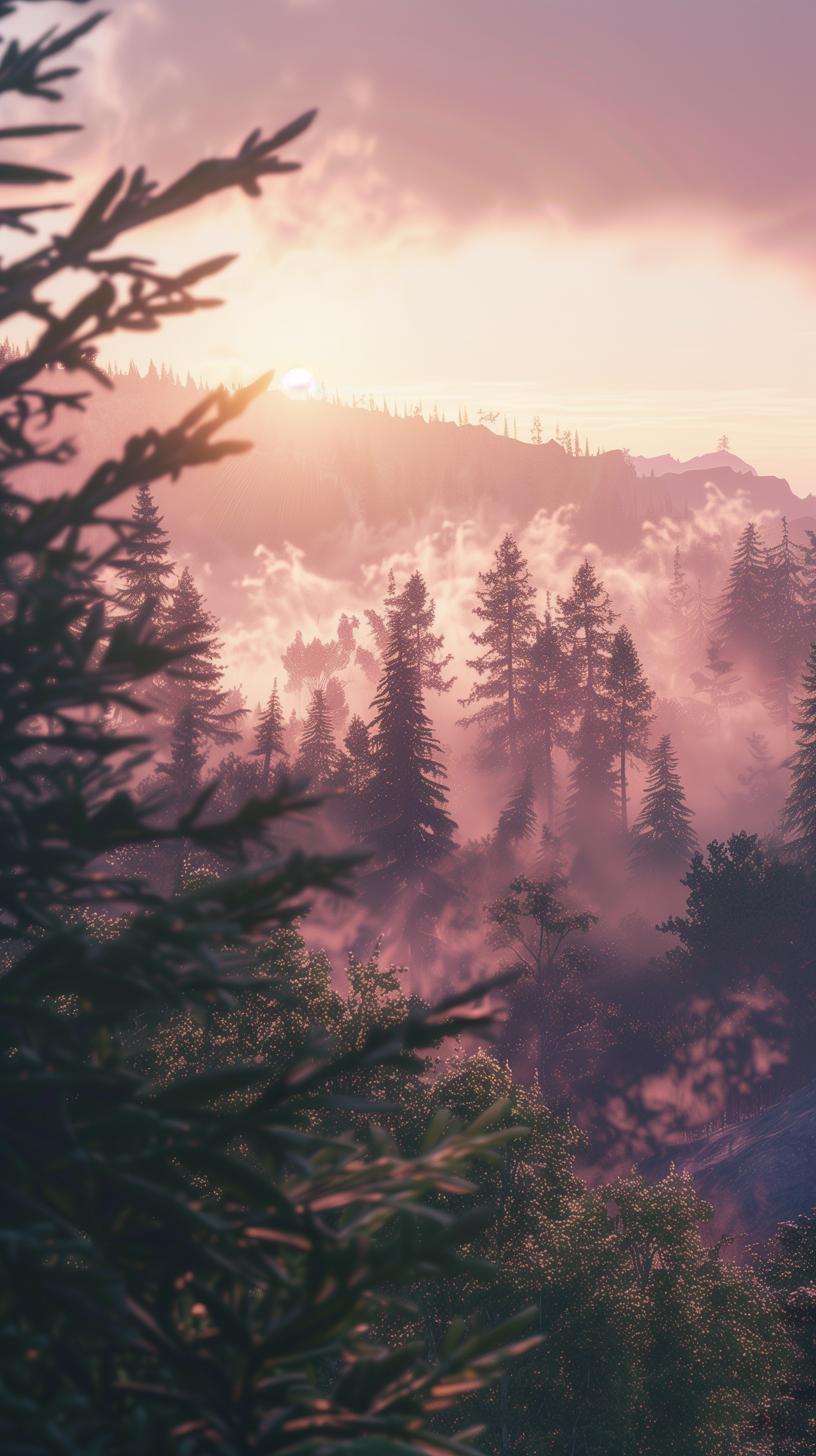 A serene dawn scene featuring misty mountains and tall pines, bathed in soft pink and orange hues, making a captivating phone wallpaper.