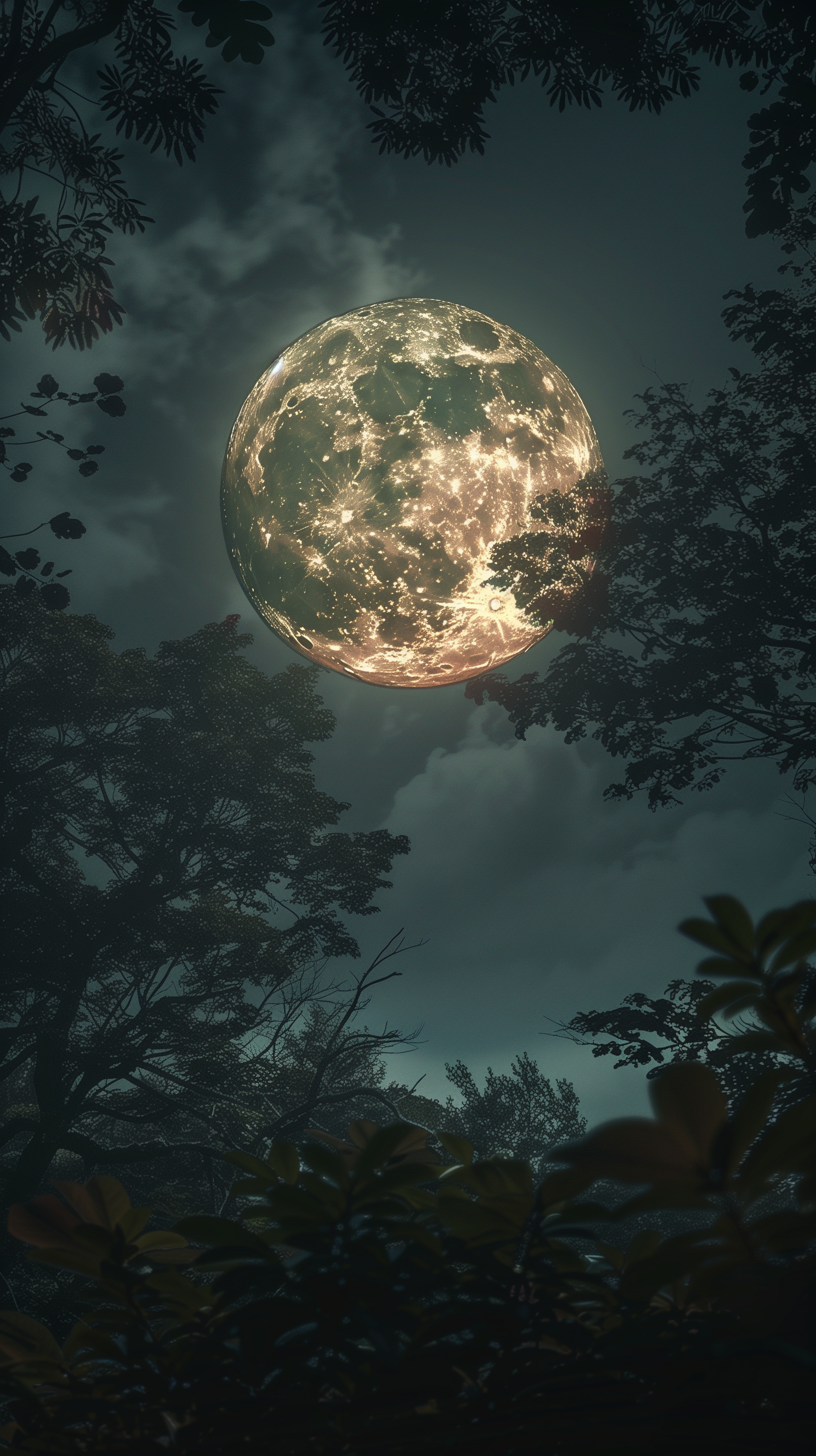 A luminous full moon hangs above silhouetted trees, casting a serene glow in a darkened sky, creating a captivating atmosphere for your phone wallpaper.