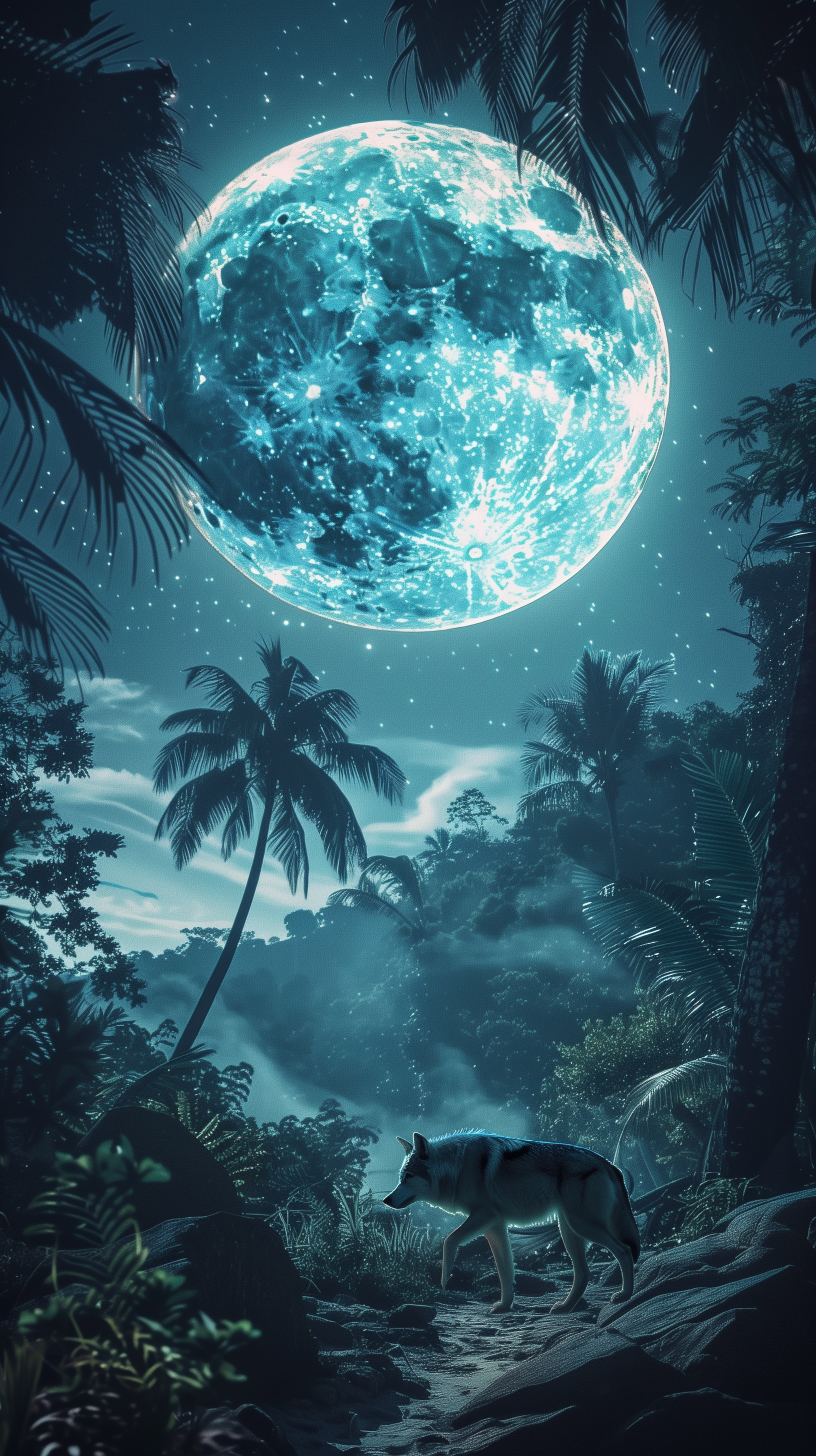 Mystical phone wallpaper featuring an oversized full moon illuminating a tropical jungle with a lone wolf silhouette.
