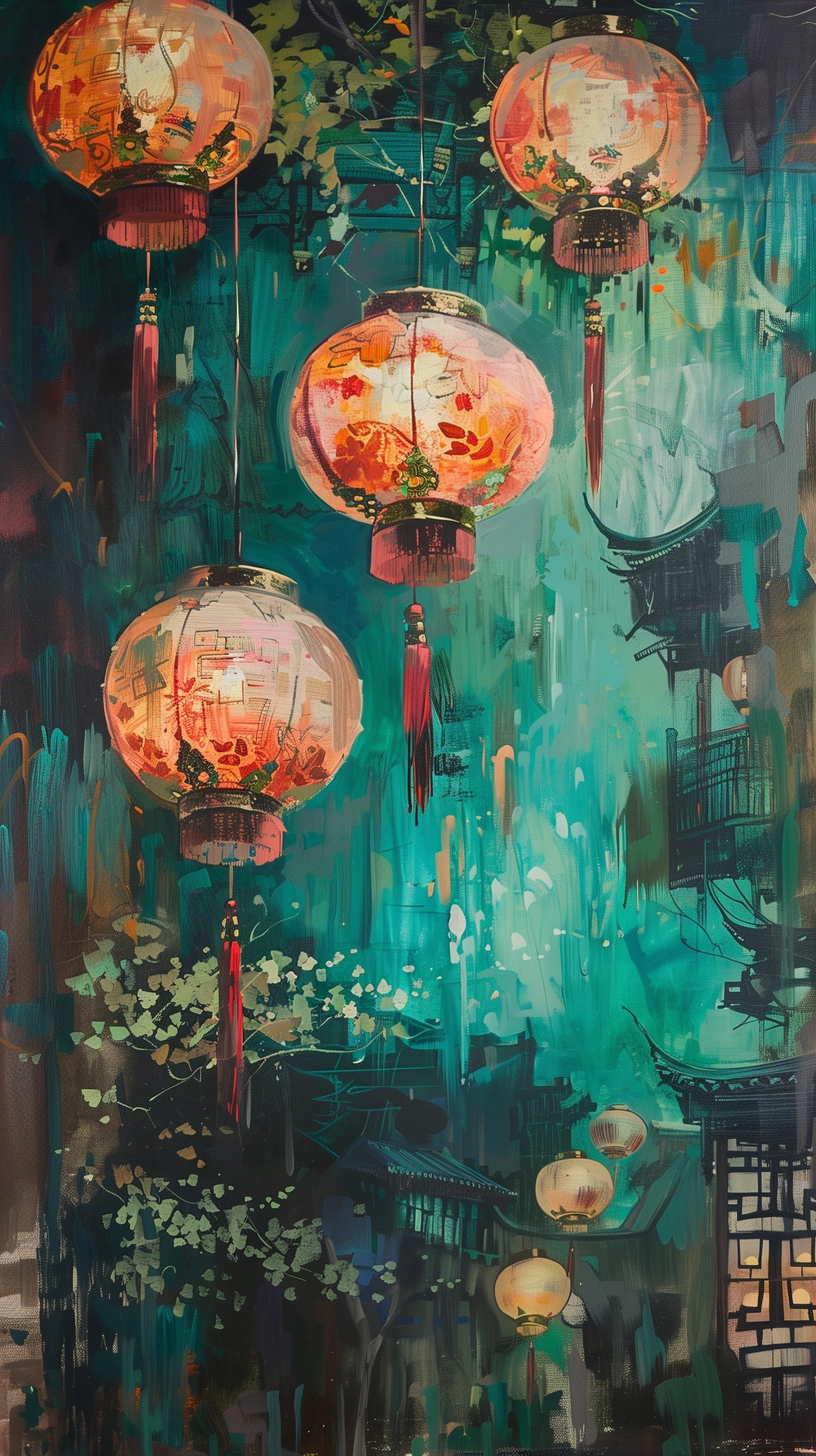 Phone wallpaper featuring artistic depiction of glowing lanterns against a mystical teal backdrop.