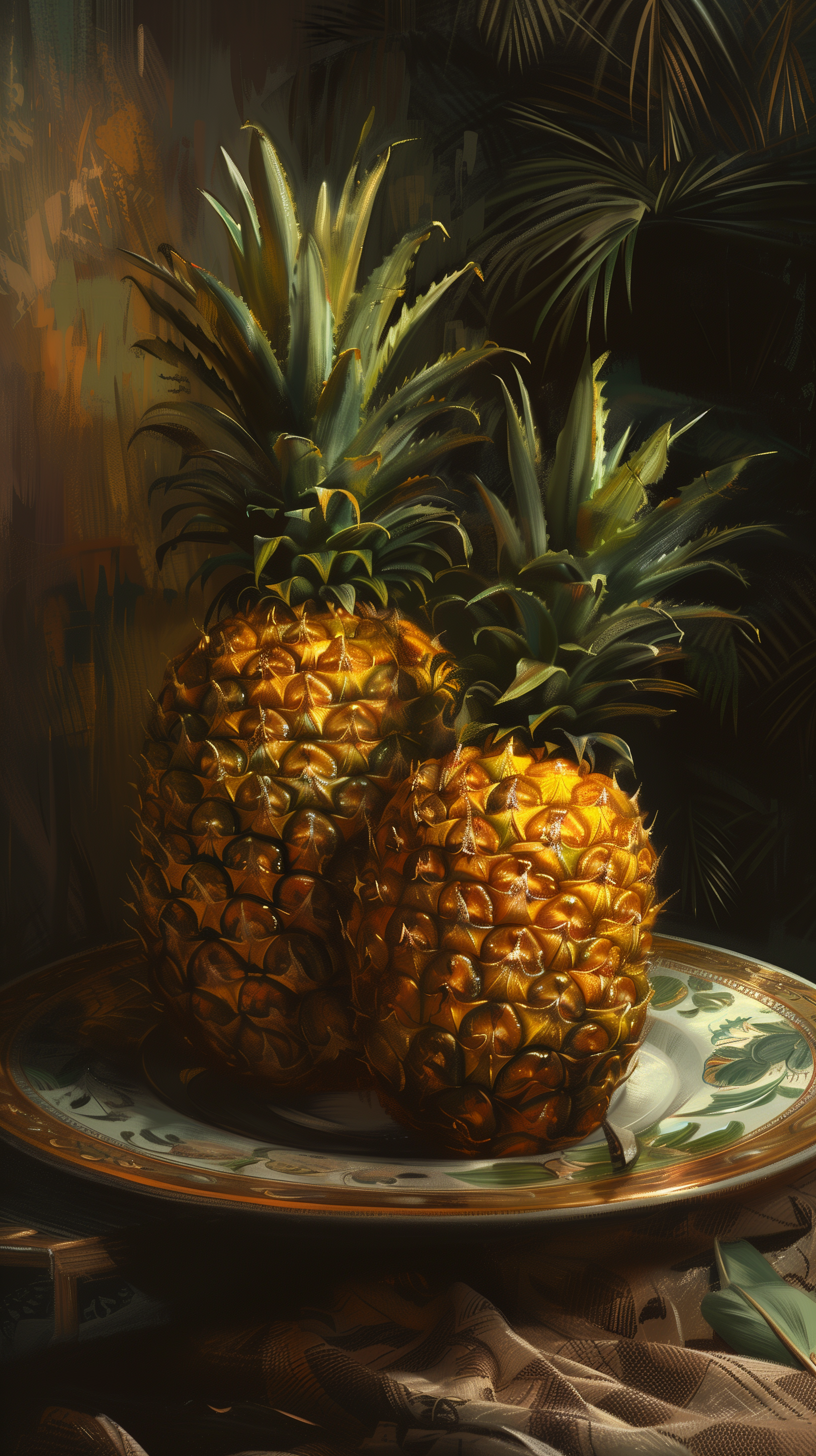 A vibrant phone wallpaper featuring two ripe pineapples displayed on an elegant plate, surrounded by lush foliage, capturing a tropical and refreshing vibe.