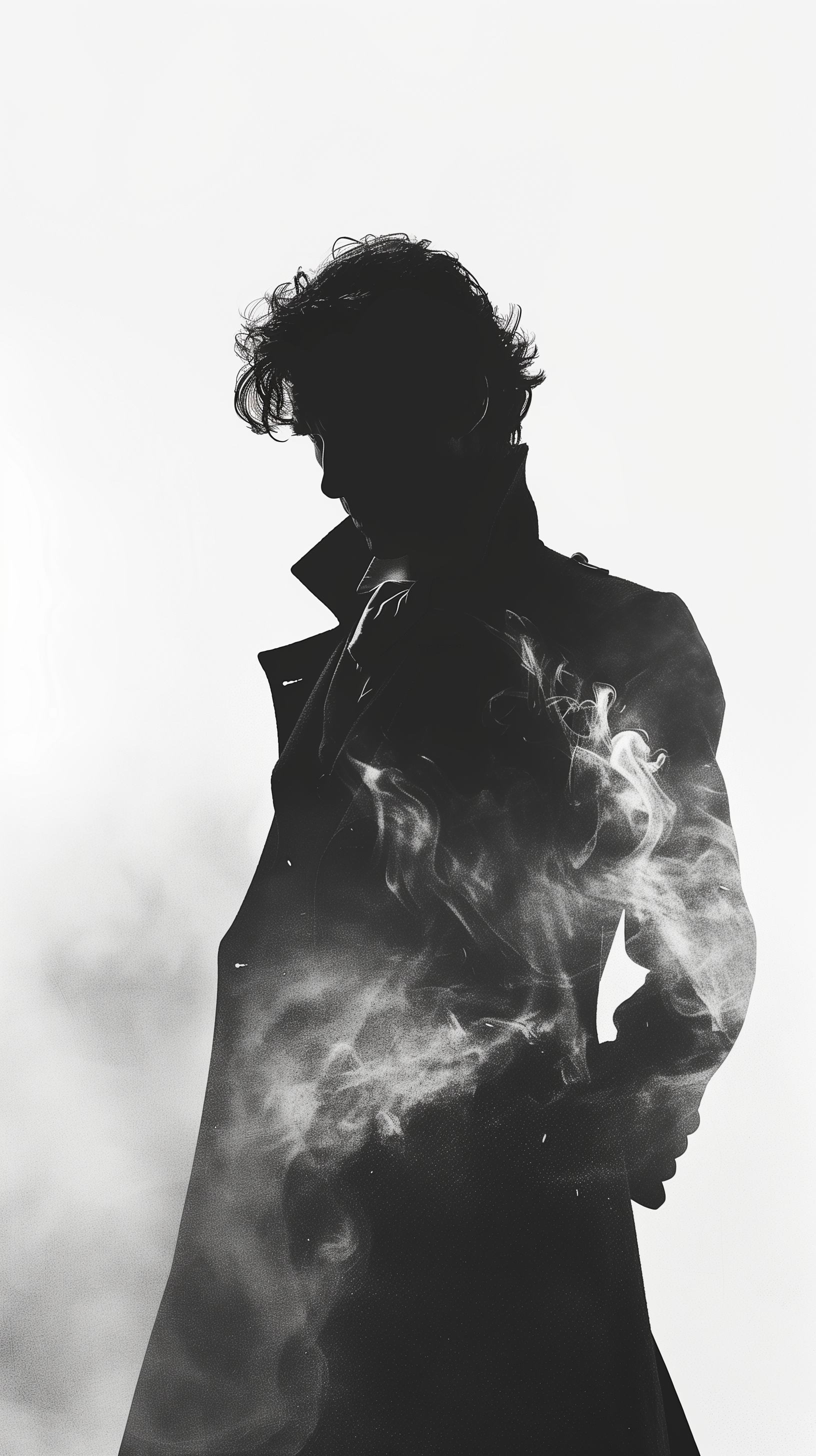 Silhouette of a Sherlock Holmes-inspired character in coat with smoky background - phone wallpaper.