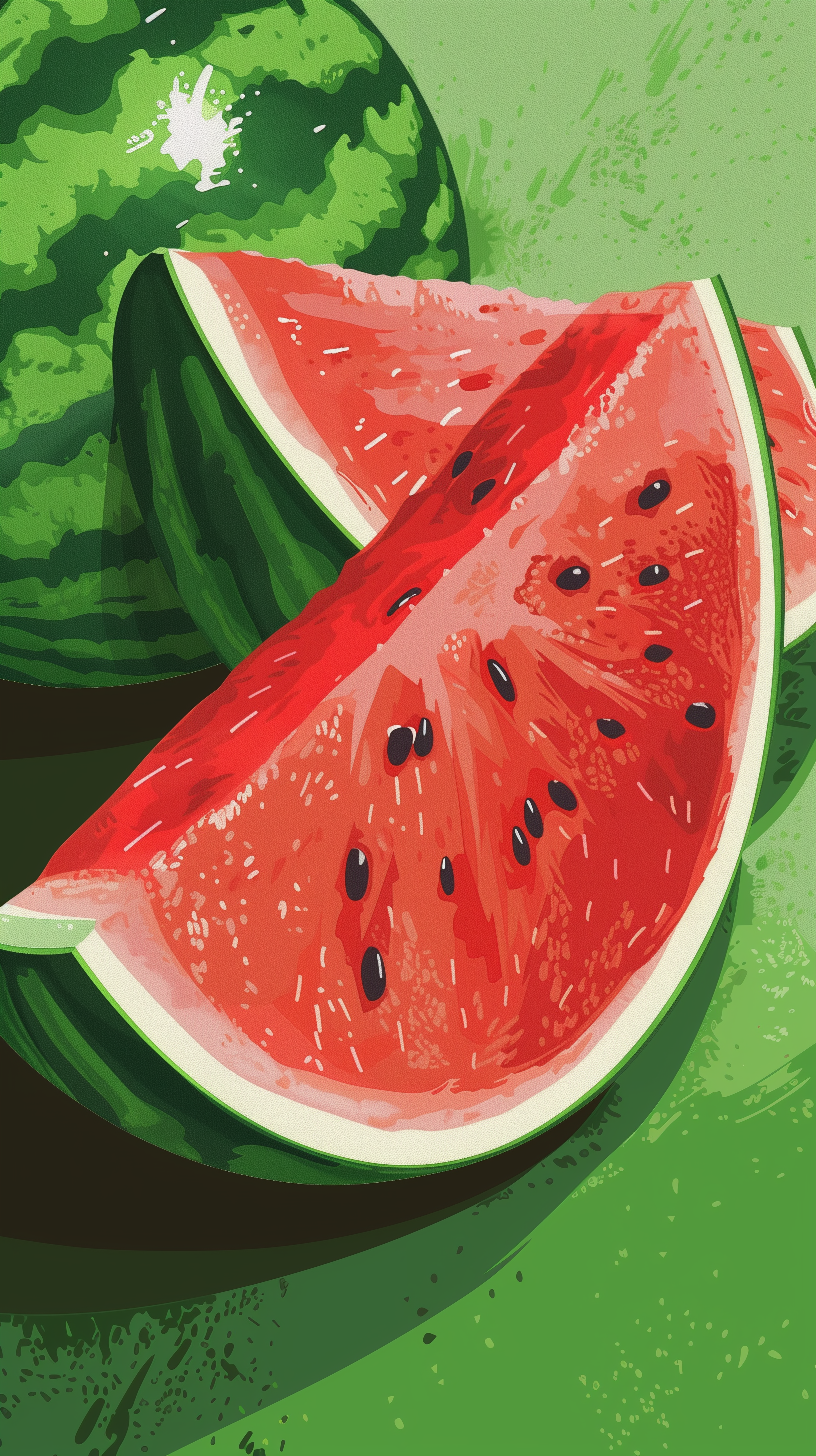 A vibrant phone wallpaper featuring juicy watermelon slices against a green background, capturing the refreshing essence of summer.