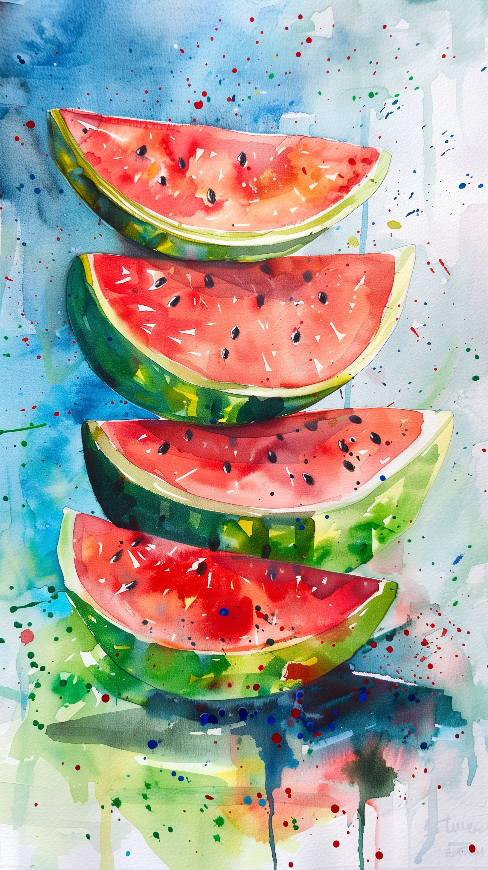 Colorful watercolor painting of stacked watermelon slices, suitable as a vibrant phone wallpaper.