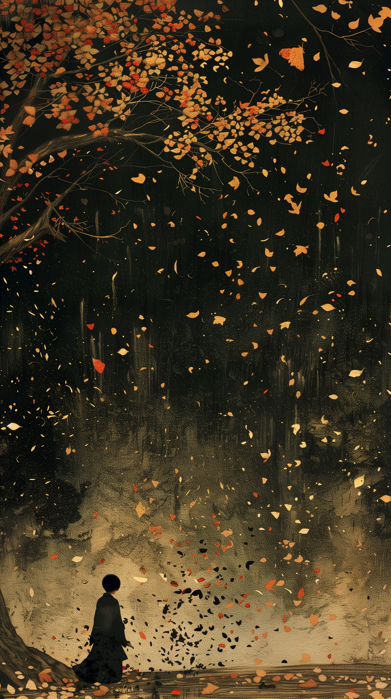 Autumn-themed phone wallpaper featuring a solitary figure under a tree with falling leaves in a dark forest setting.