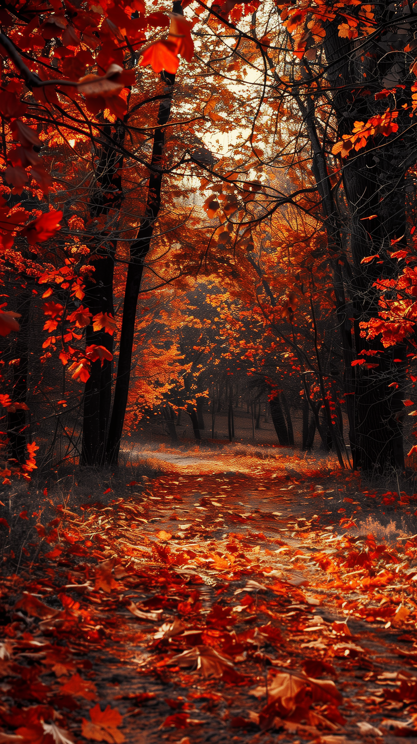 Autumn forest pathway covered with fallen leaves – fall-themed phone wallpaper.