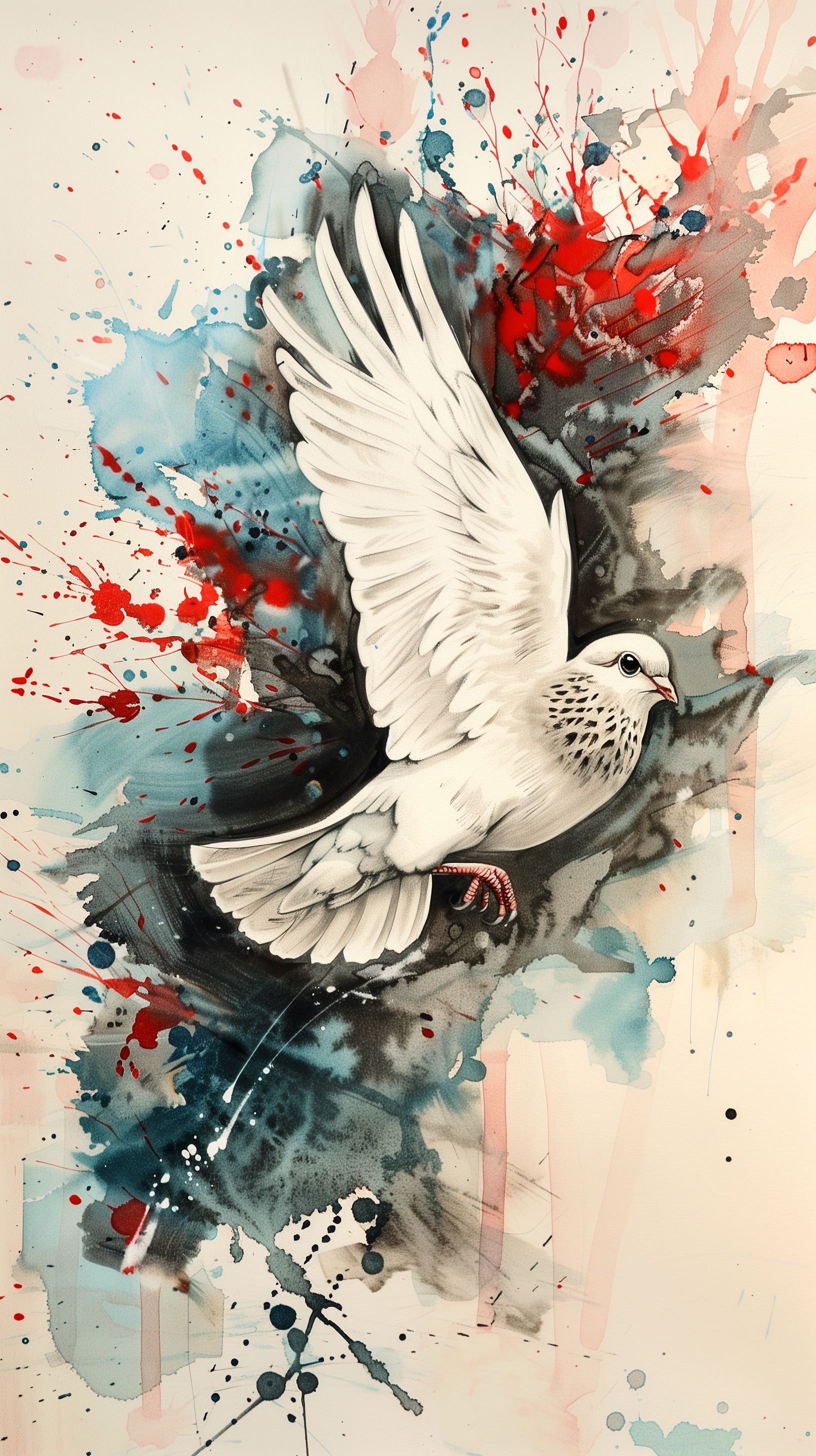 Artistic phone wallpaper featuring an illustrated dove in flight against a vibrant backdrop of red and blue watercolor splashes.