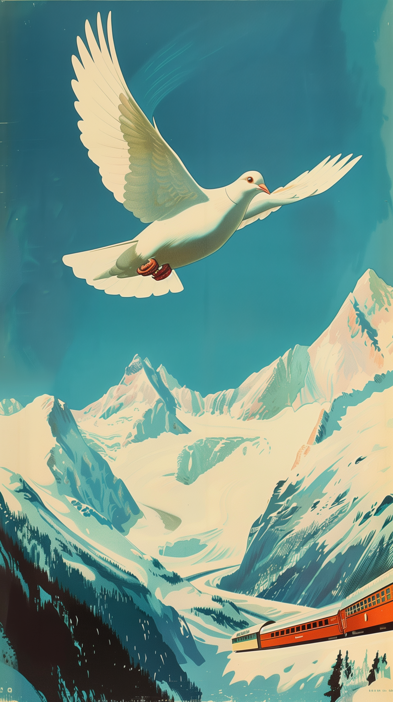 A serene dove soars above a picturesque mountain landscape, with a vibrant train winding through the valley, creating a captivating phone wallpaper.