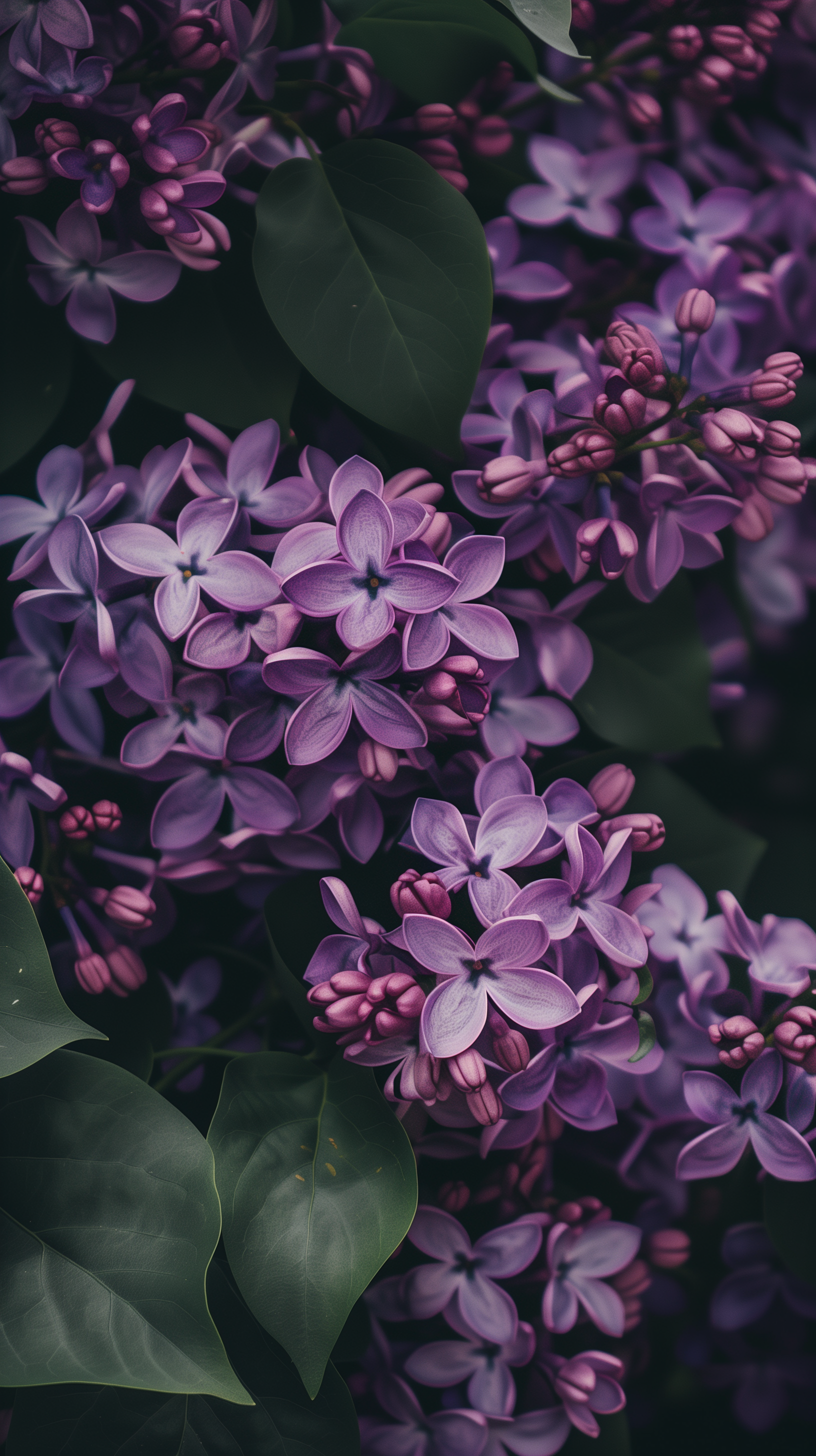 A vibrant display of lilac flowers and buds, surrounded by lush green leaves, creating an enchanting phone wallpaper.