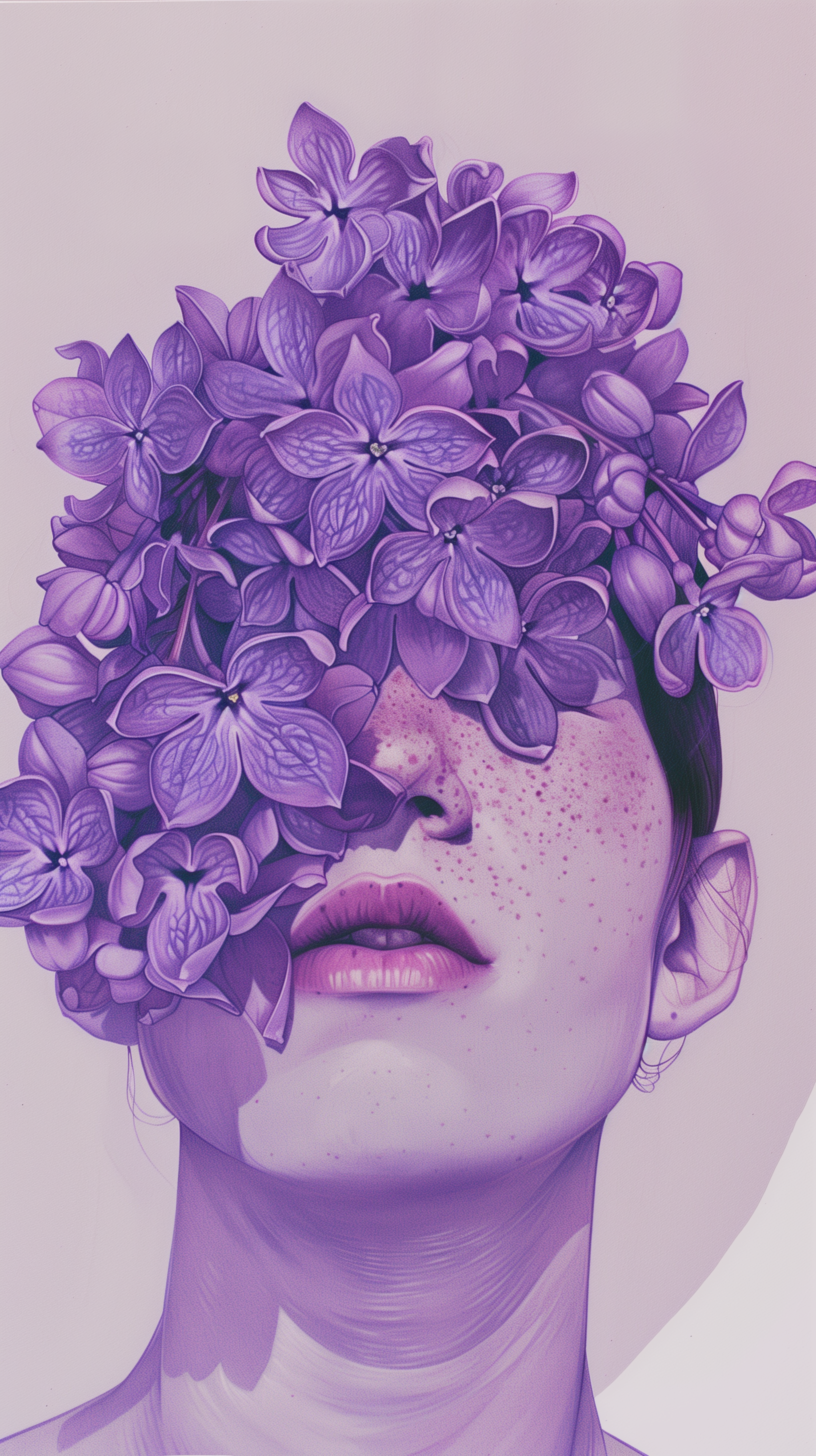 Lilac flowers covering a person's head in a creative phone wallpaper design.