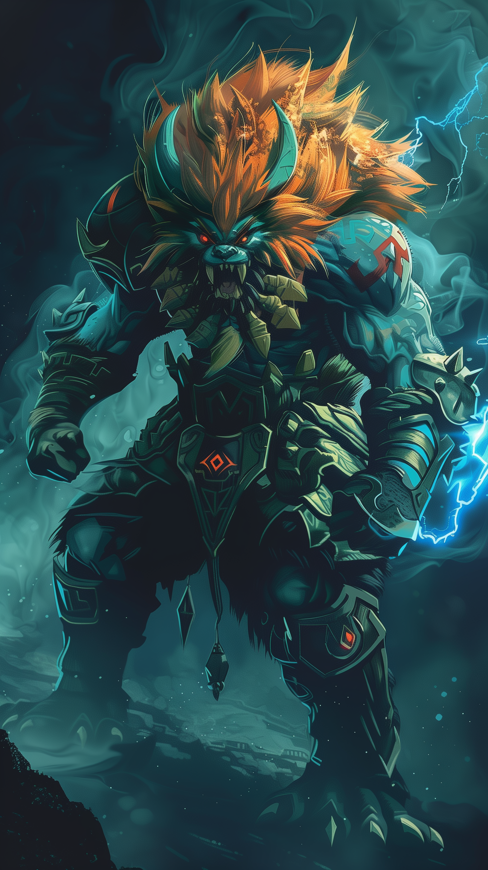Ganon from The Legend of Zelda illustrated as a dynamic phone wallpaper with energetic lightning effects.