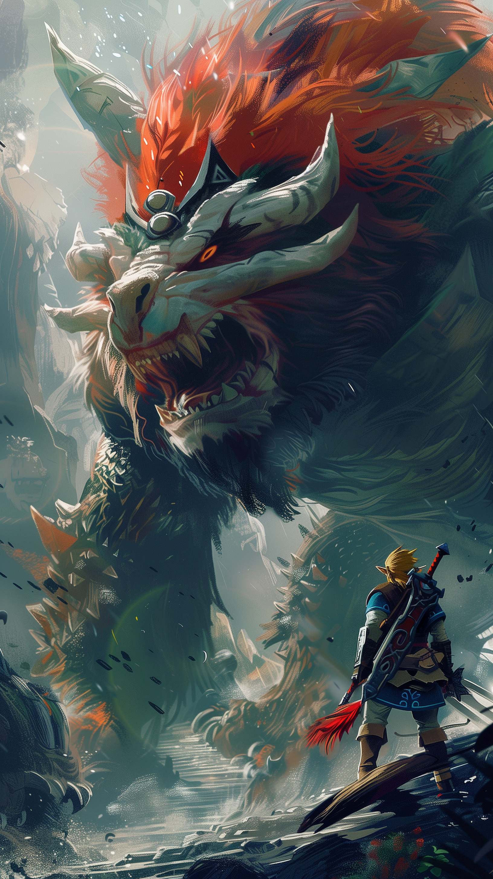 Dynamic The Legend of Zelda wallpaper featuring Link and the formidable Ganon for a mobile phone screen.