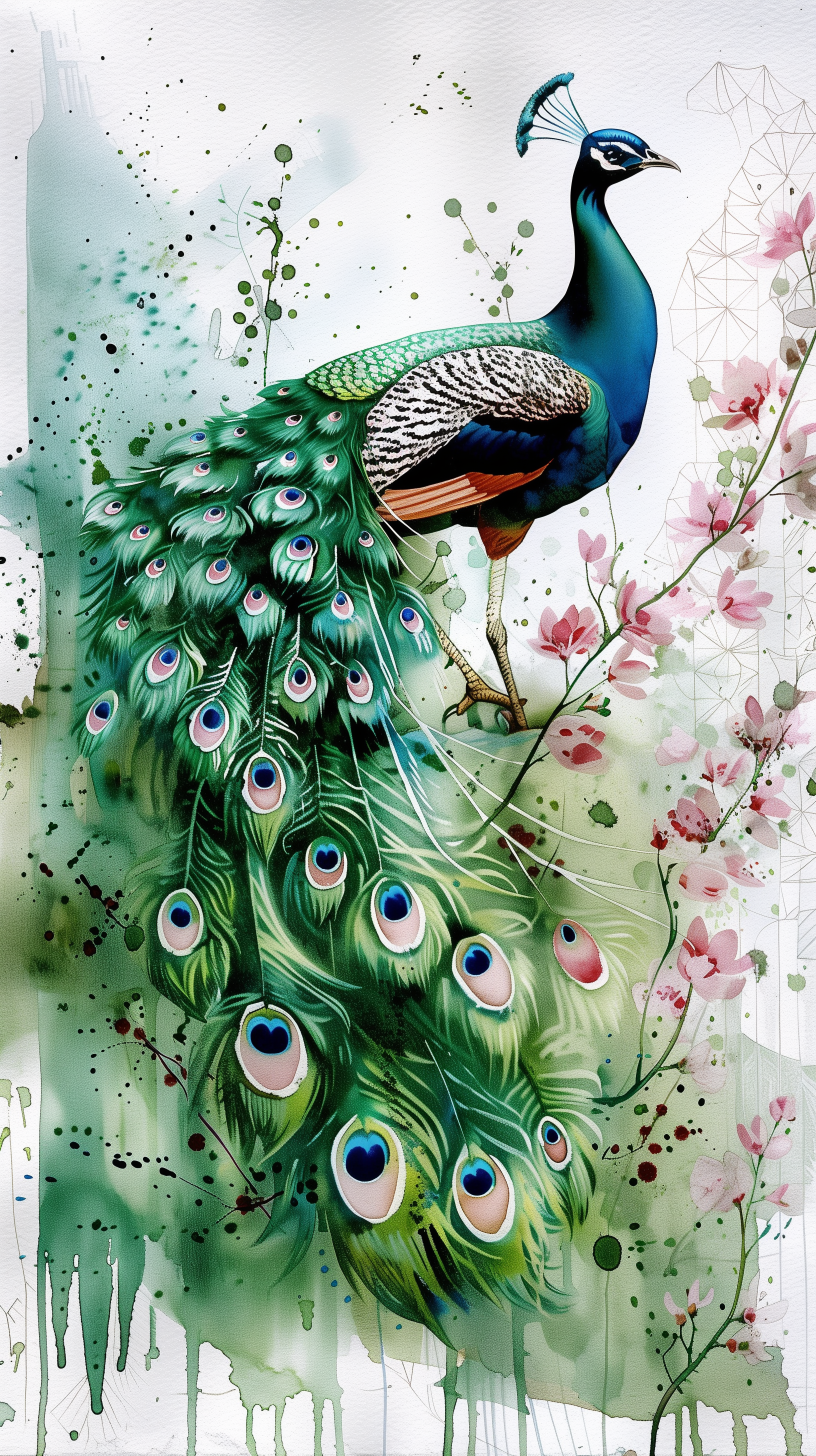 Elegant peacock with vibrant plumage on a floral background phone wallpaper.