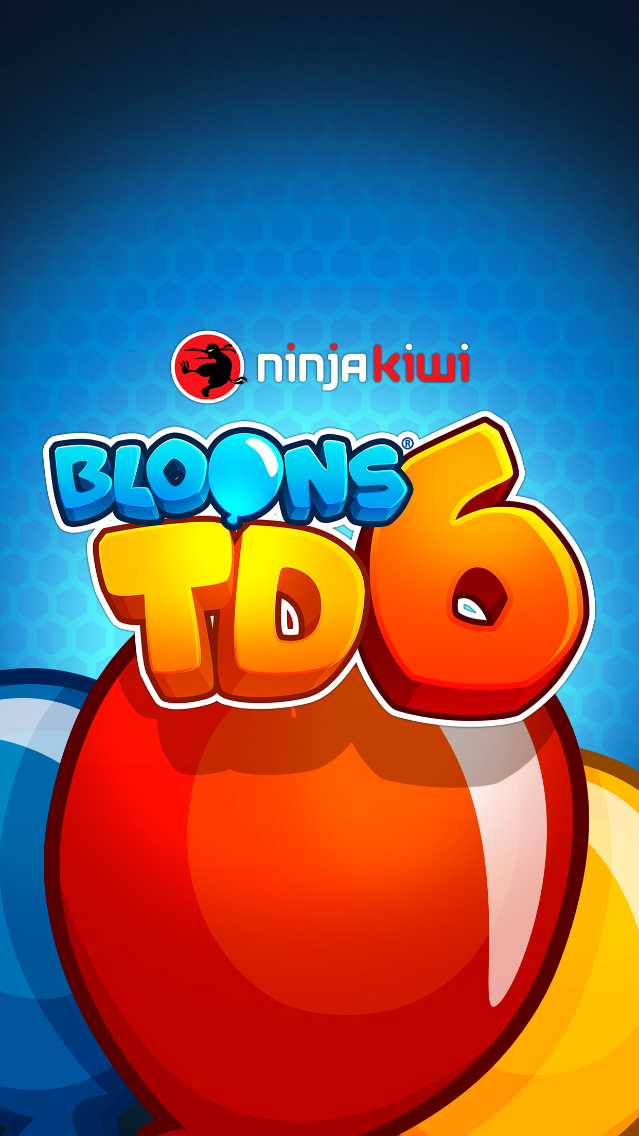 Phone wallpaper featuring the Bloons TD 6 logo by Ninja Kiwi, designed for use on iPhones and Android devices with a colorful balloon and blue hexagonal background.