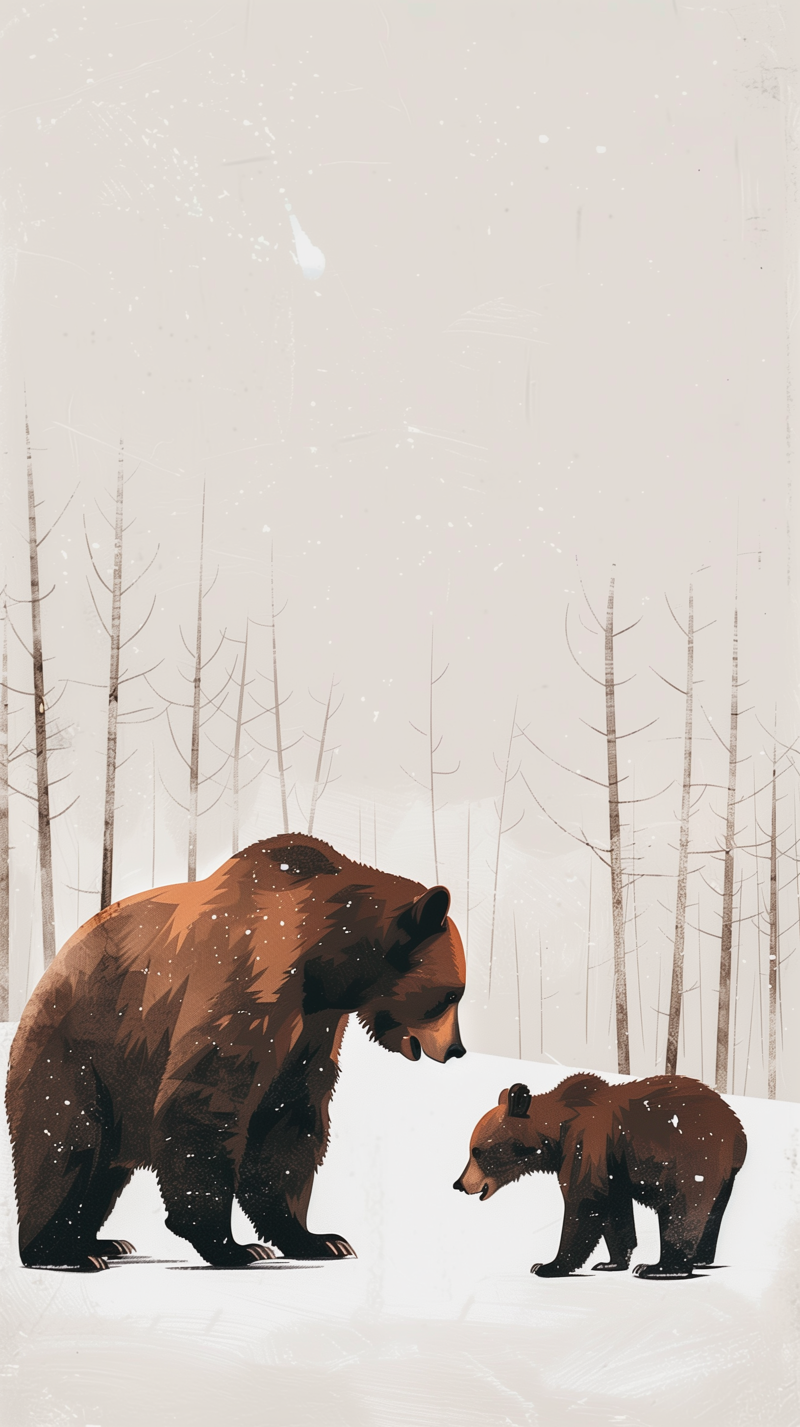 Illustration of a brown bear and cub in a snowy forest setting, suitable as a wildlife-themed phone wallpaper.