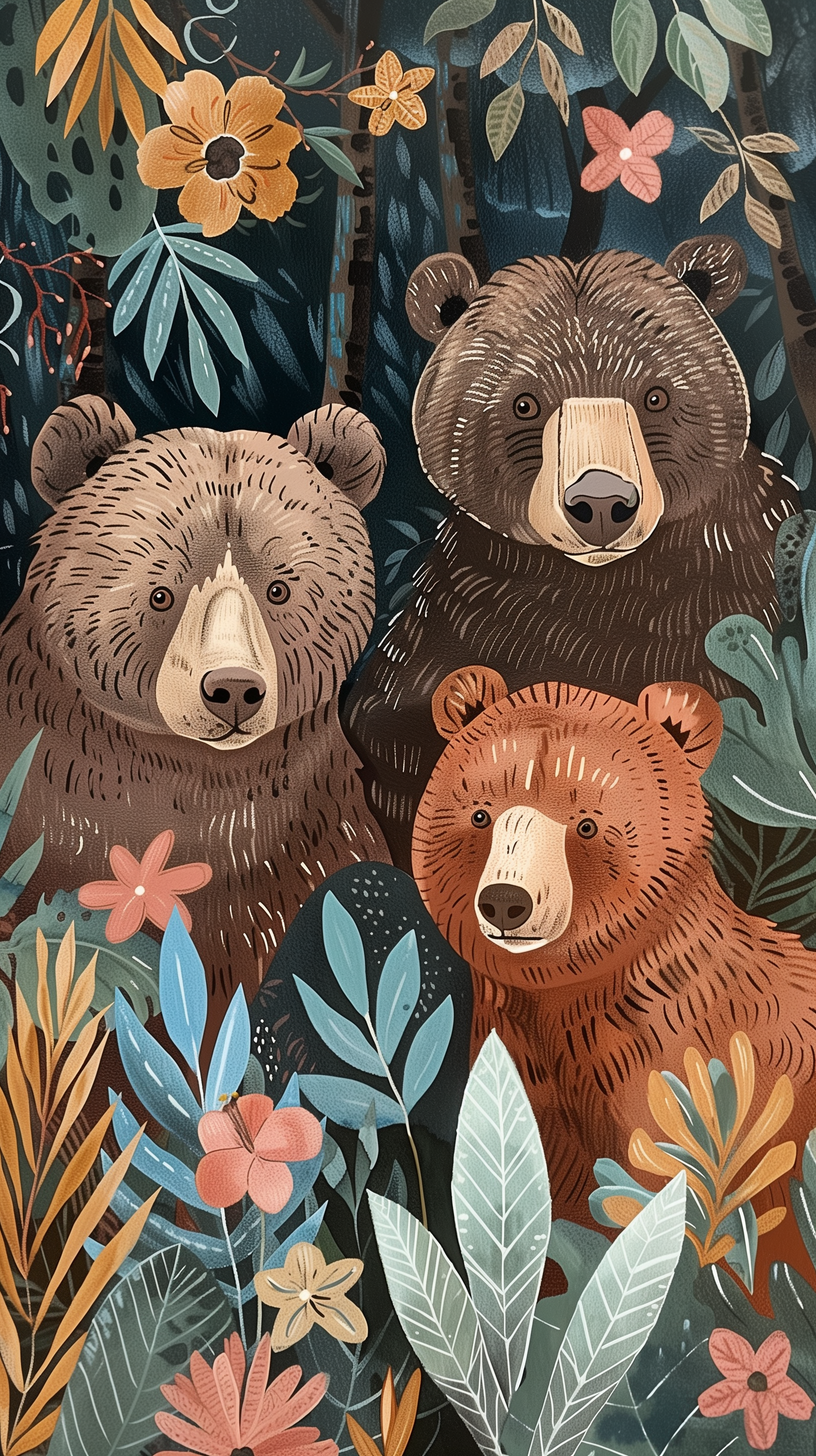 A beautifully illustrated phone wallpaper featuring three brown bears surrounded by vibrant flowers and lush greenery.