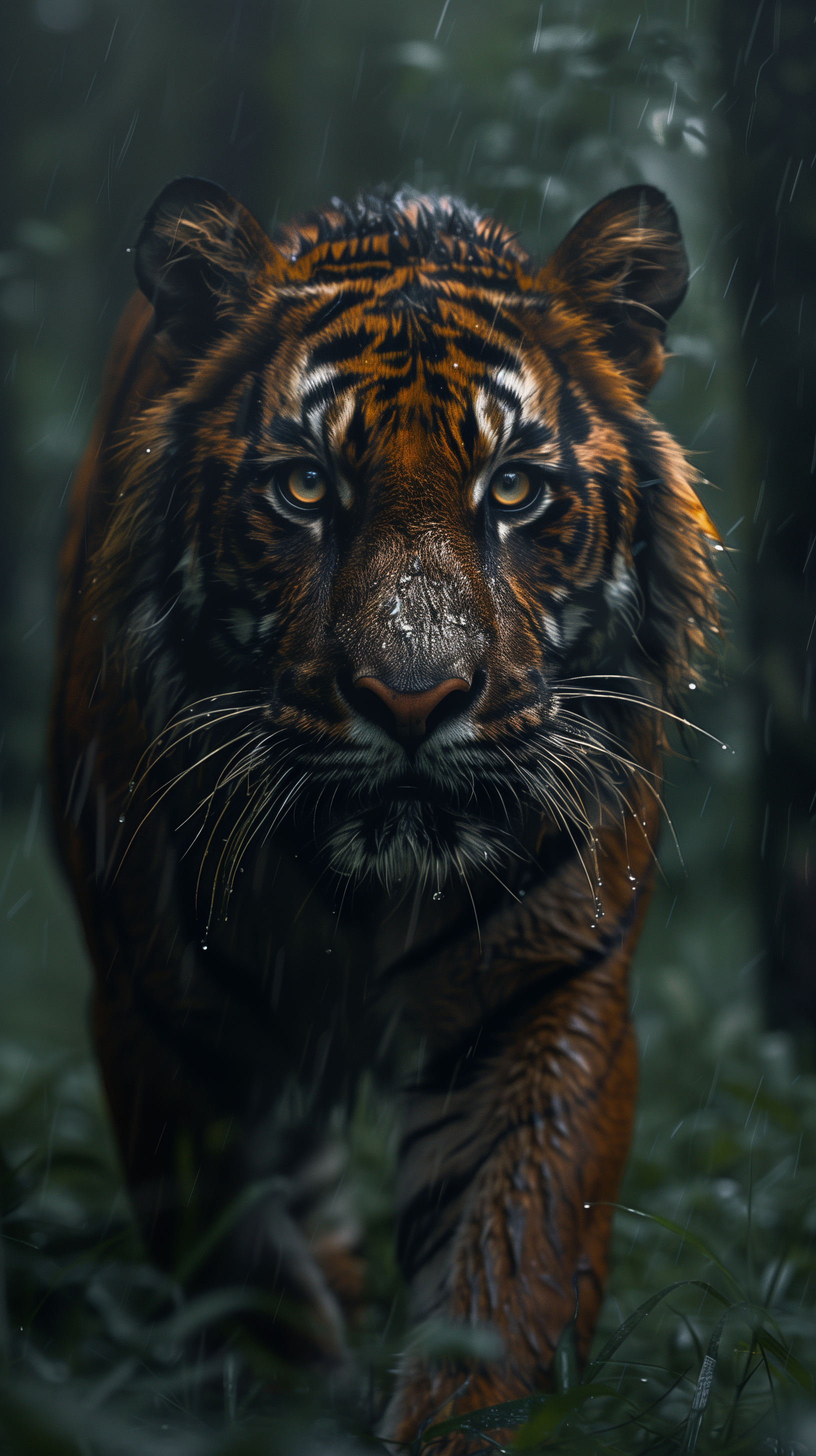 A striking Bengal tiger walks confidently through a lush, rain-soaked forest, creating an engaging phone wallpaper that captures its fierce beauty.
