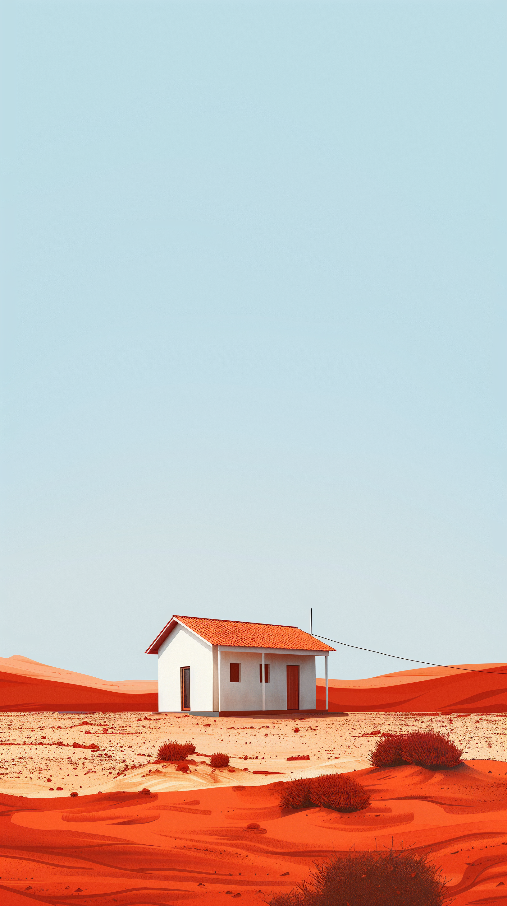 A minimalist tiny house sits alone in a vast, red desert landscape under a clear blue sky, creating a captivating and serene phone wallpaper.
