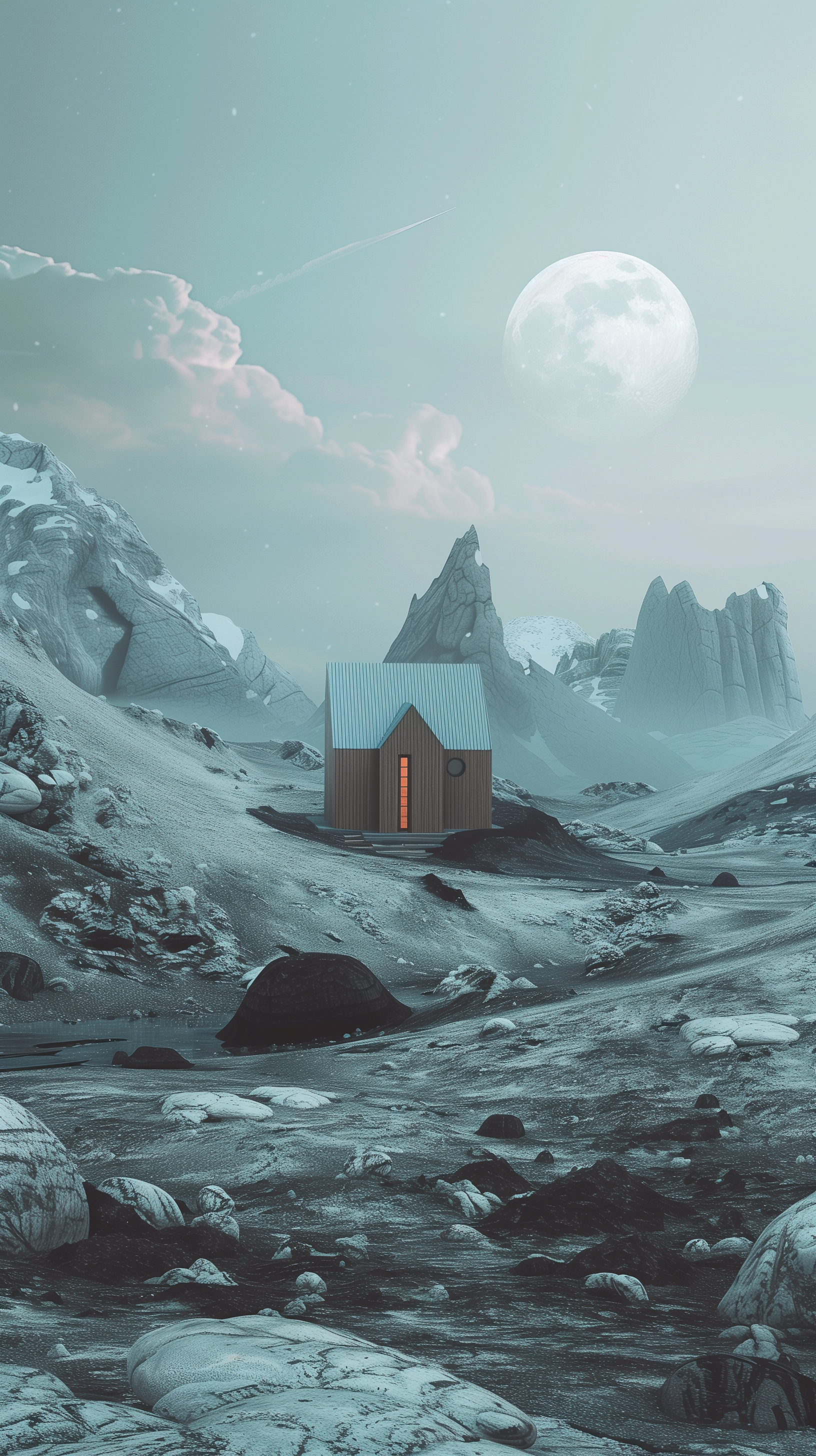 A serene landscape featuring a tiny house nestled in a rocky terrain, with a large moon illuminating the scene, making it a captivating phone wallpaper.