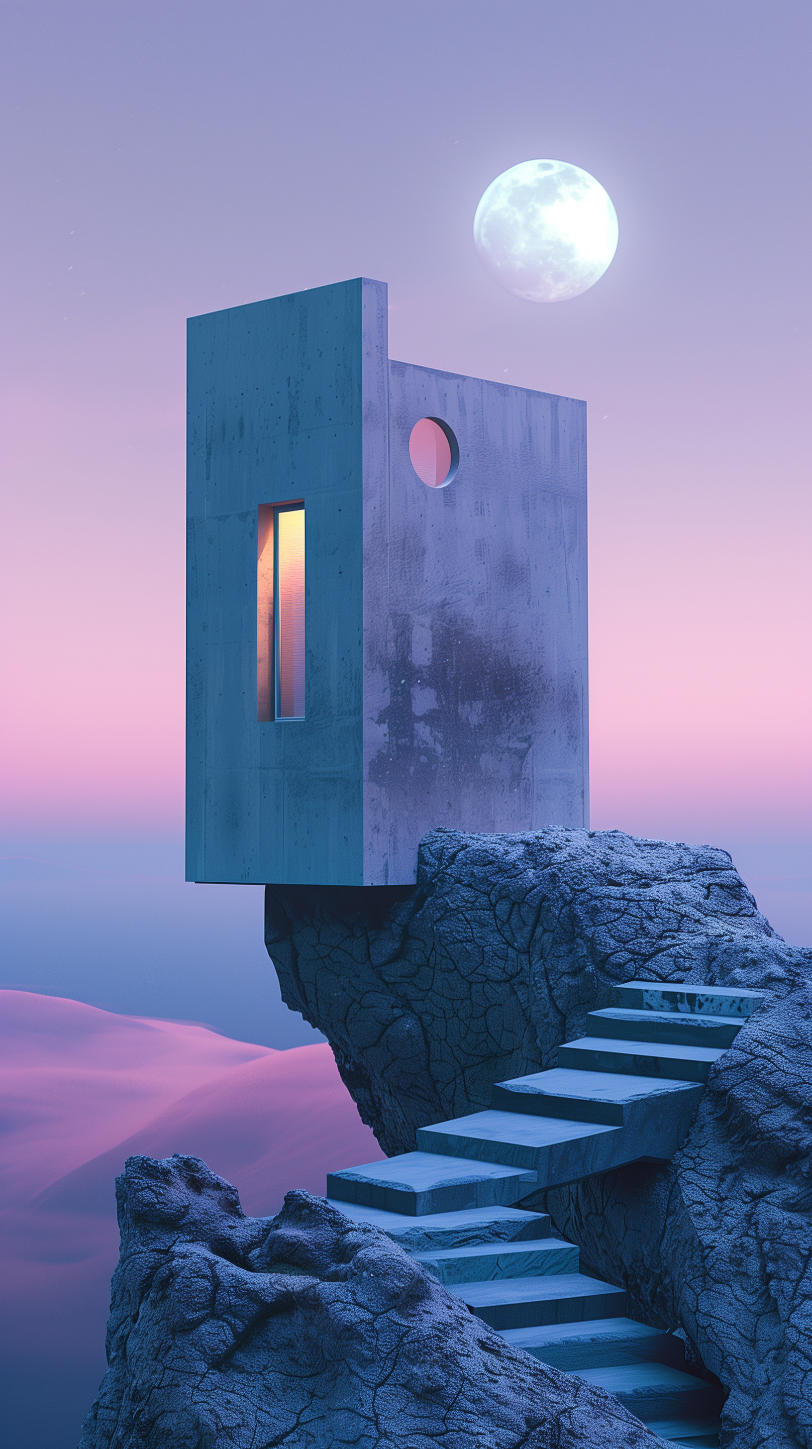 Phone wallpaper featuring a surreal tiny house perched atop rocky stairs with a full moon in a twilight sky.