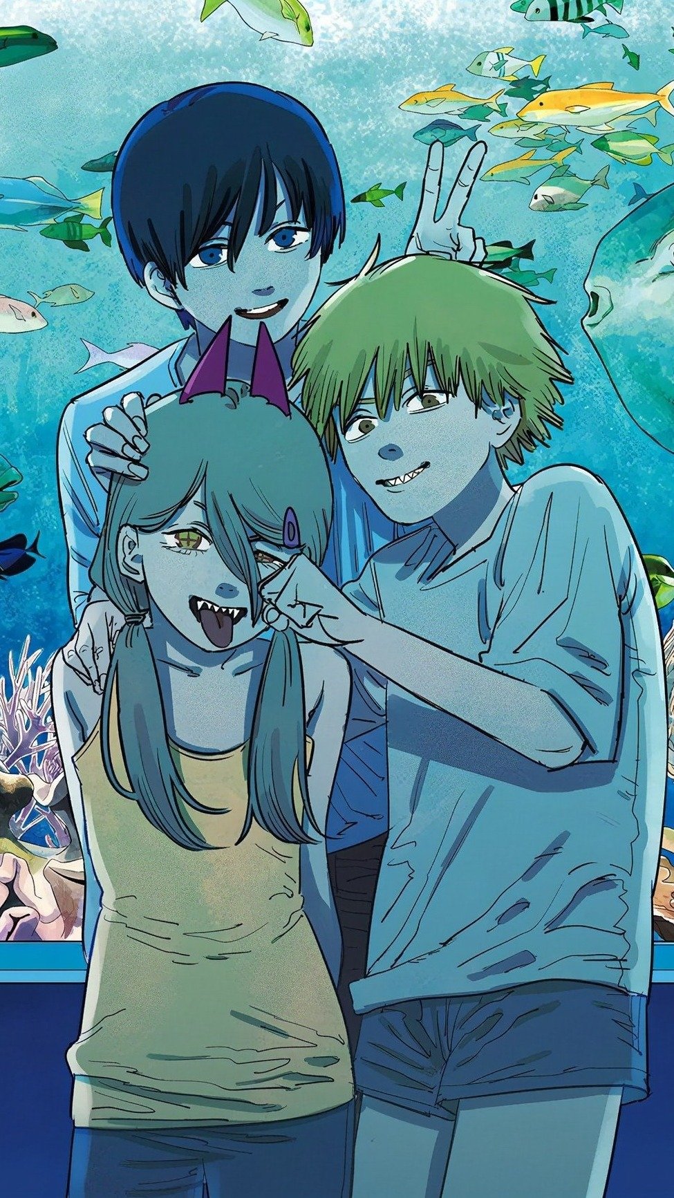 Chainsaw Man anime characters Denji, Power, and Aki Hayakawa in a vibrant phone wallpaper with marine background.
