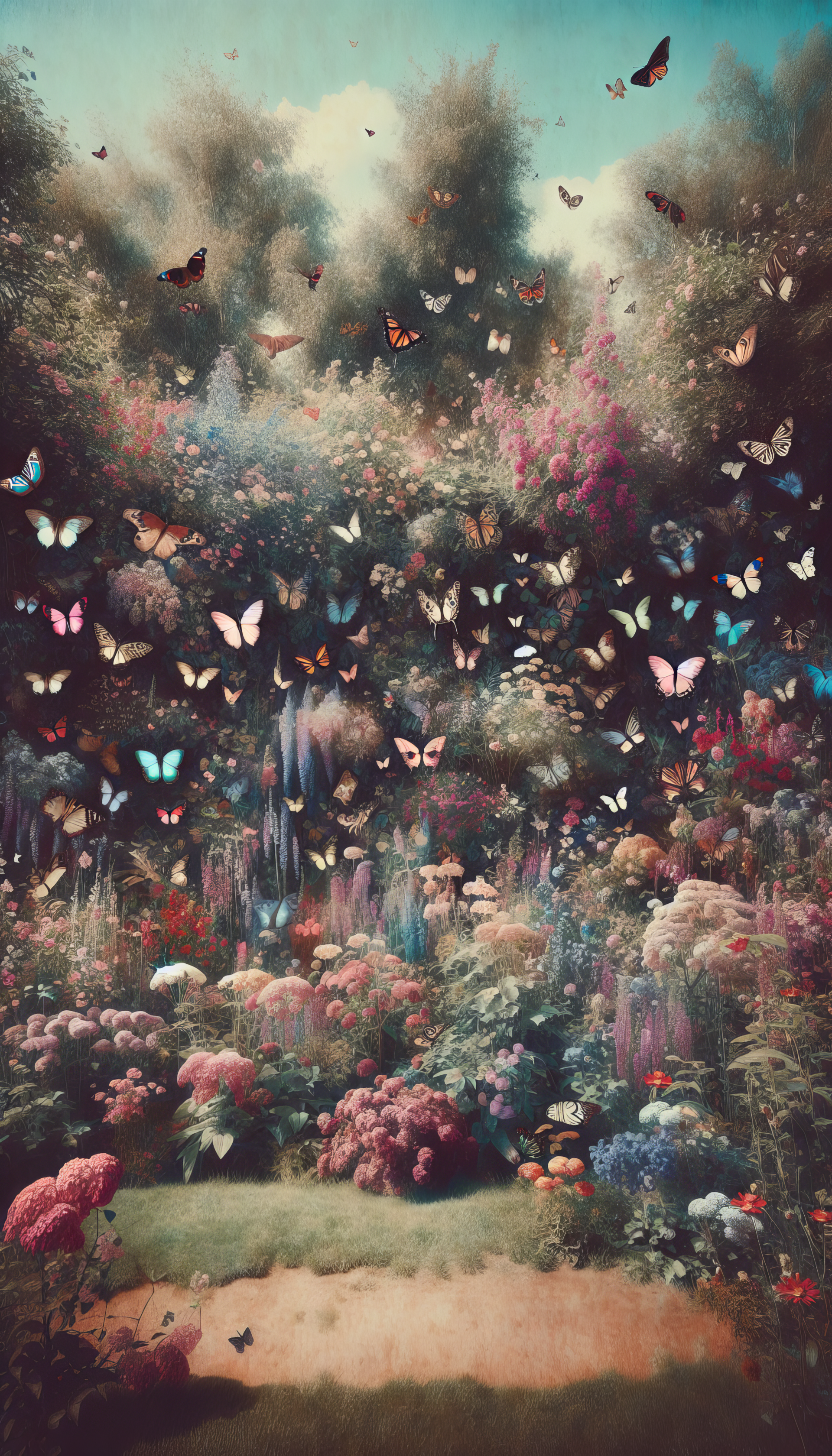 Colorful butterfly garden wallpaper for phone with vibrant flowers and fluttering butterflies in a dreamy setting.