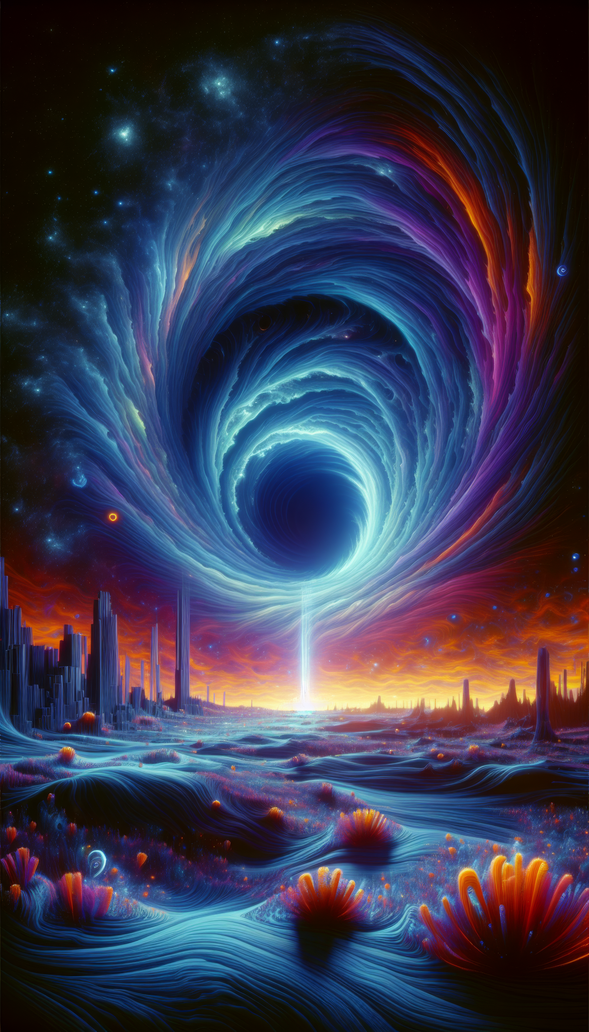 Sci-fi portal wallpaper featuring a vibrant vortex in a cosmic setting with stars and futuristic landscape for phone background.