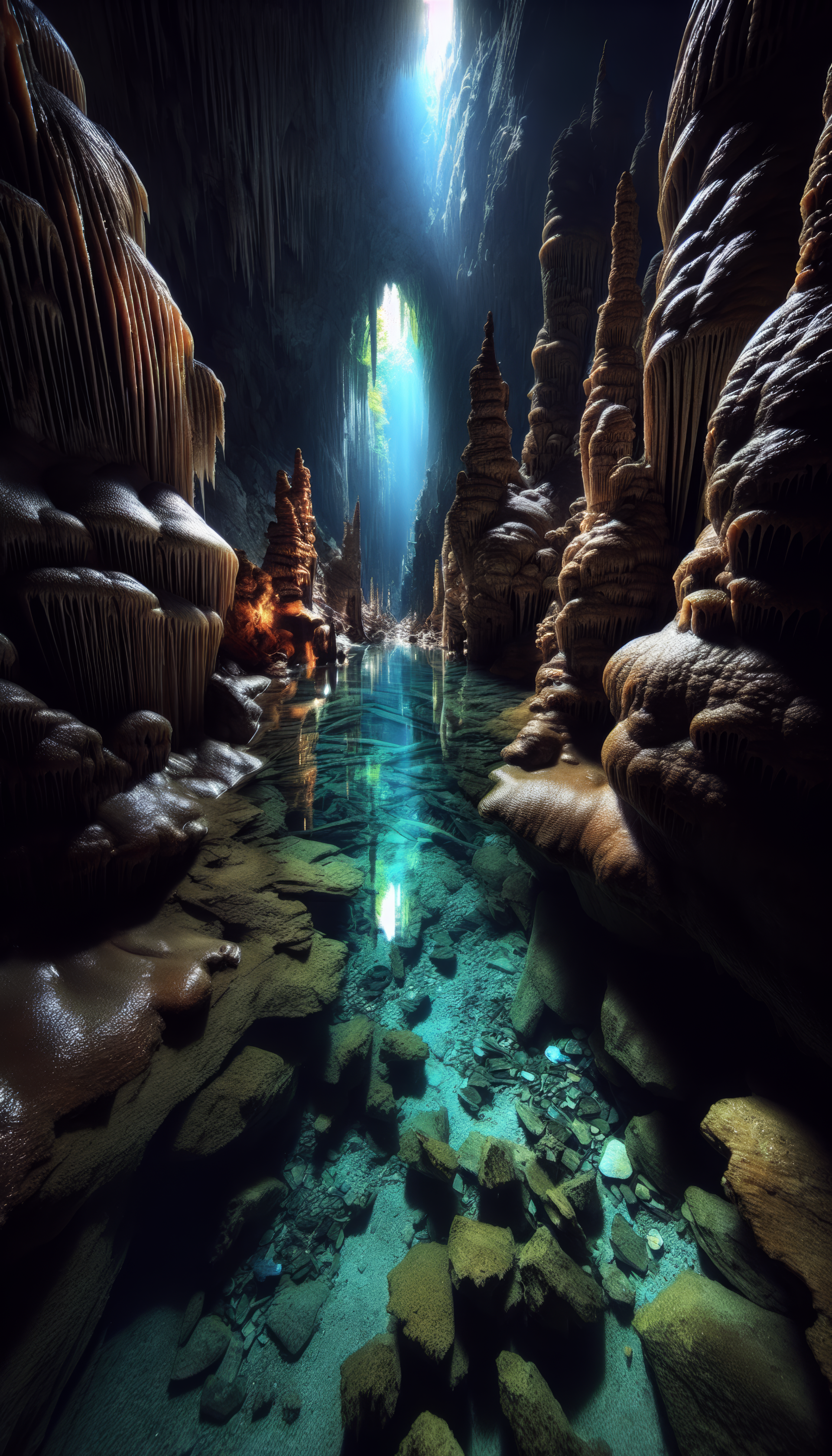 Underground river in a cave with stunning stalactites and stalagmites illuminated by light beams - phone wallpaper.