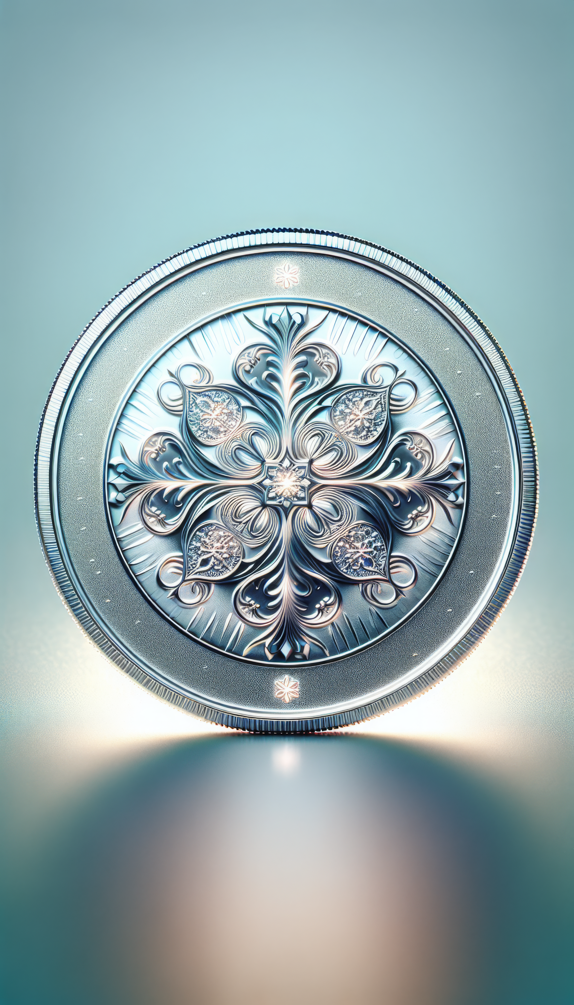 A intricately designed silver coin, featuring ornate patterns, illuminated against a soft gradient background, serves as an elegant phone wallpaper.