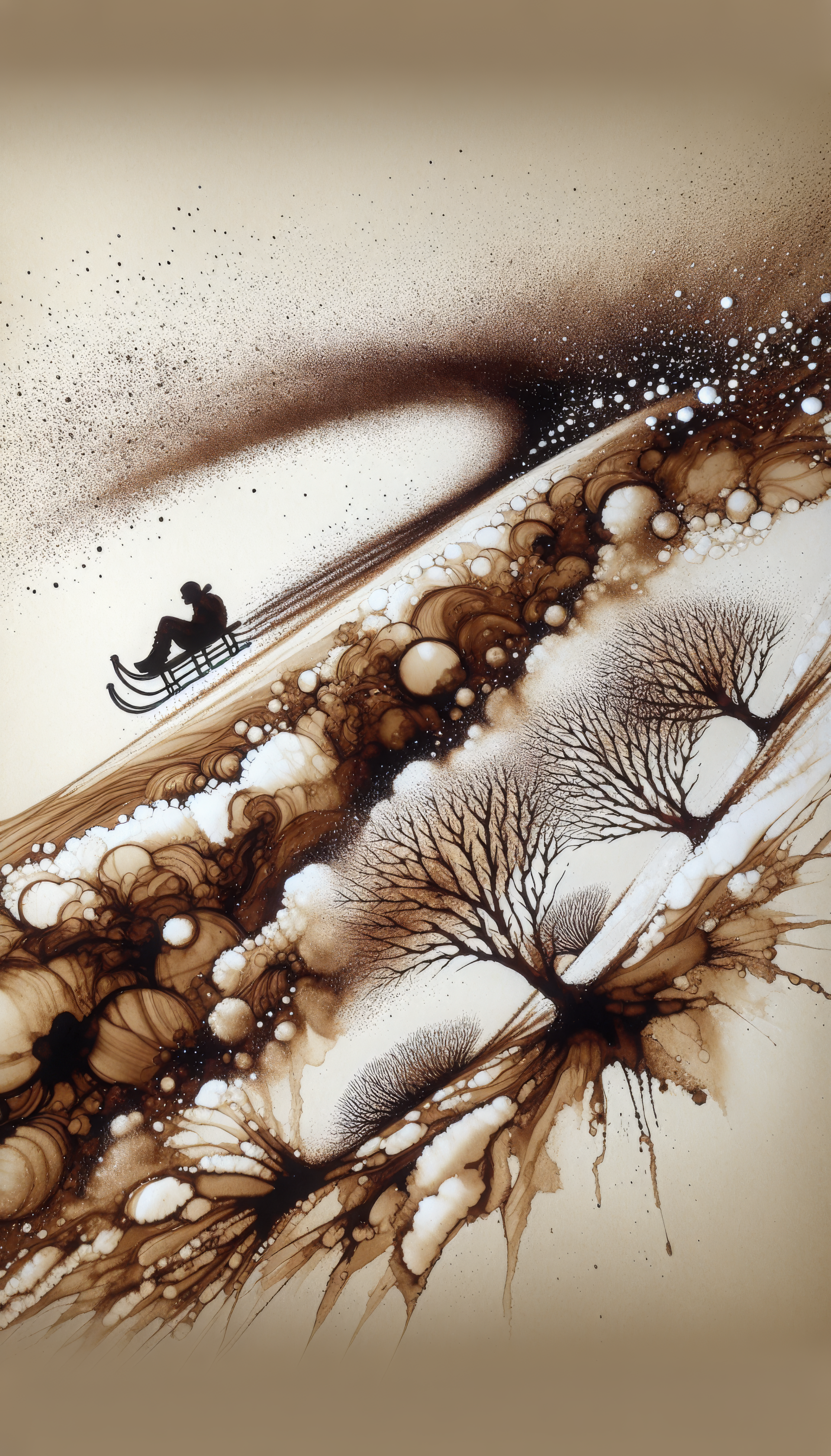 A stylized phone wallpaper depicting a figure sledding down a snowy hill, surrounded by abstract trees and a dreamy atmosphere of swirls and bubbles.