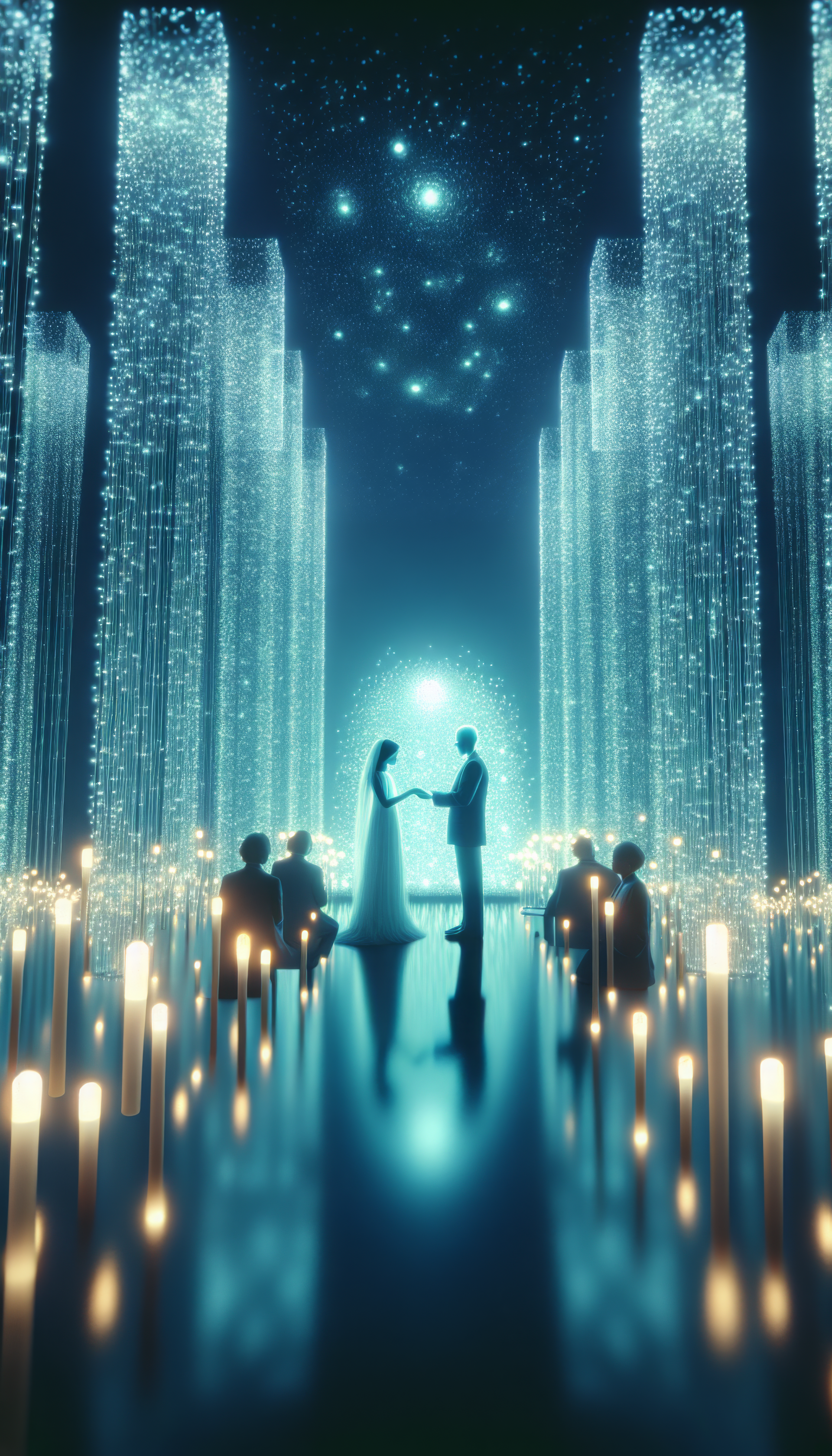 Enchanting wedding-themed phone wallpaper featuring silhouetted couple holding hands under a starry sky with luminous candlelight aisle.