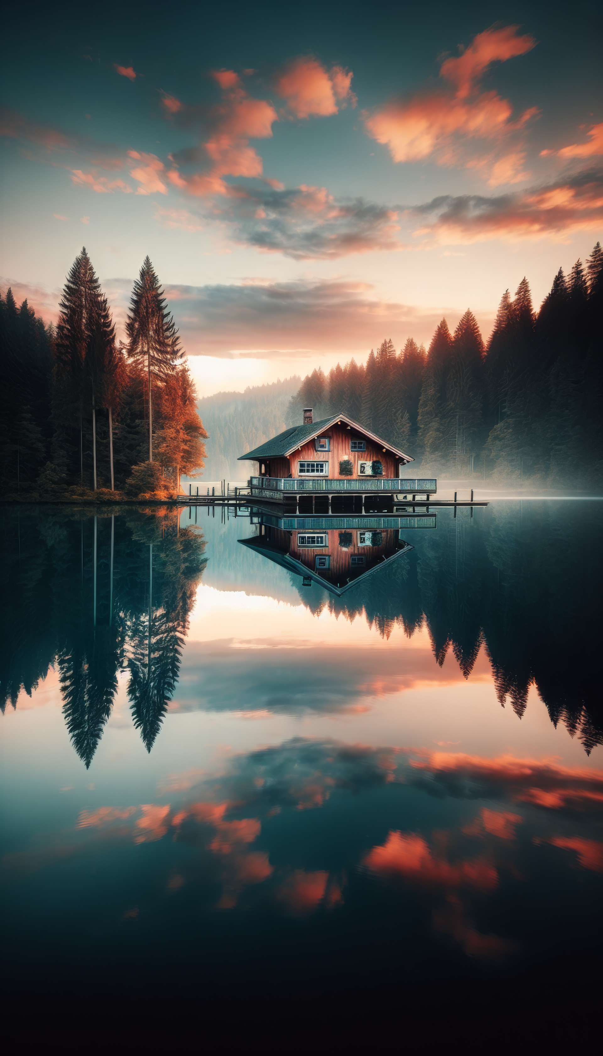 A tranquil lake house reflects on still waters under a colorful sunset, framed by towering trees—an enchanting phone wallpaper evoking serenity and nature's beauty.