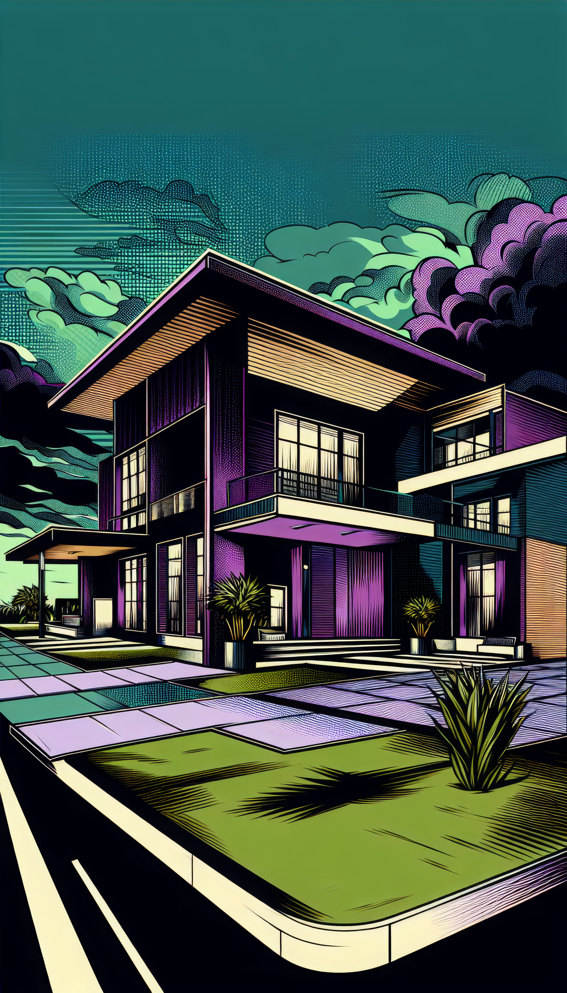 Illustration of a modern home at dusk for phone wallpaper, featuring vibrant colors and contemporary architecture design.
